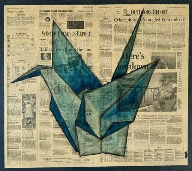 A Single Crane, 2005, Oil and Newsprint on Panel, 68.5cm x 61cm