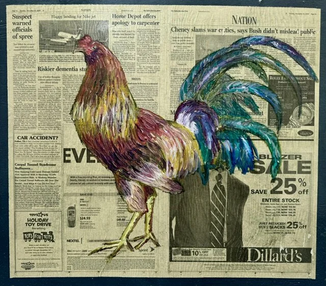 Searching For a Homestead, 2005, Oil and Newsprint on Panel, 68.5cm x 61cm