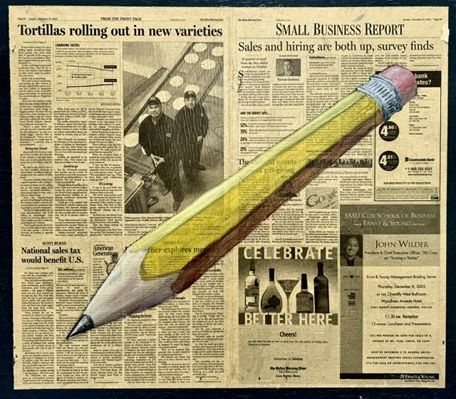 Making a Mark, 2005, Oil and Newsprint on Panel, 68.5cm x 61cm