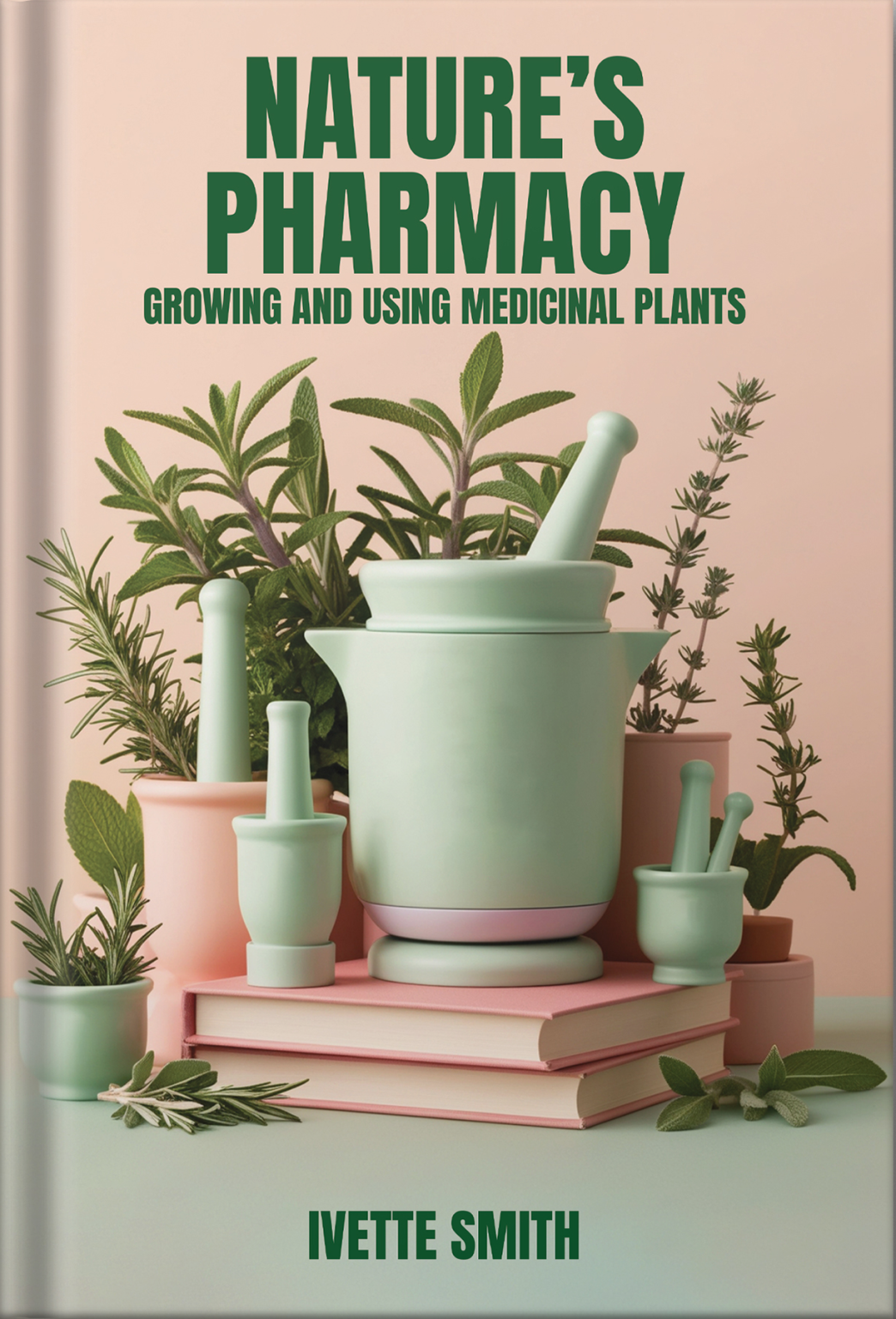 Book cover titled "Nature's Pharmacy: Growing and Using Medicinal Plants" by Ivette Smith, featuring herbal plants and ceramic mortar and pestle on pastel-colored books.