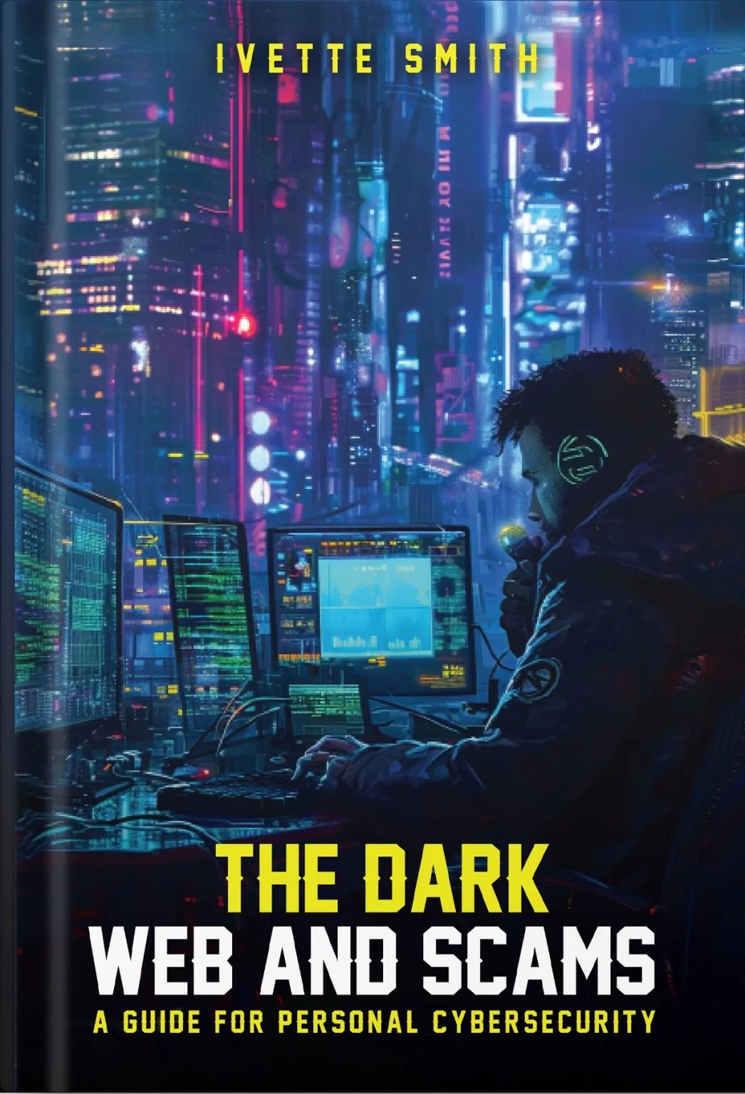Book cover titled "The Dark Web and Scams: A Guide for Personal Cybersecurity" by Ivette Smith. The cover features a neon-lit cityscape background with a person wearing headphones, working on multiple computer screens filled with code and data, depicting a cybersecurity or hacking theme.