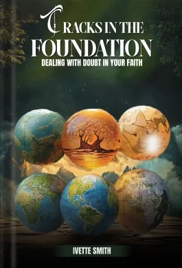 Book cover titled 'Cracks in the Foundation: Dealing with Doubt in Your Faith' by Ivette Smith, featuring illustrations of cracked globe imagery.