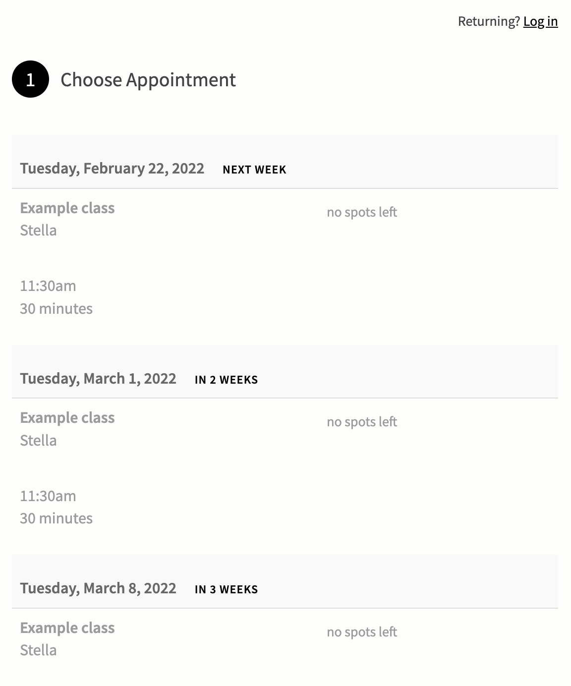 Online appointment scheduling page with dates, times, and class details, indicating no spots left for upcoming classes.