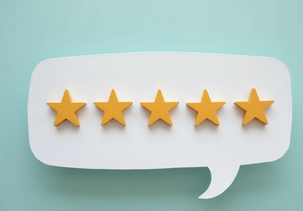 Five stars inside a speech bubble representing a customer review or rating