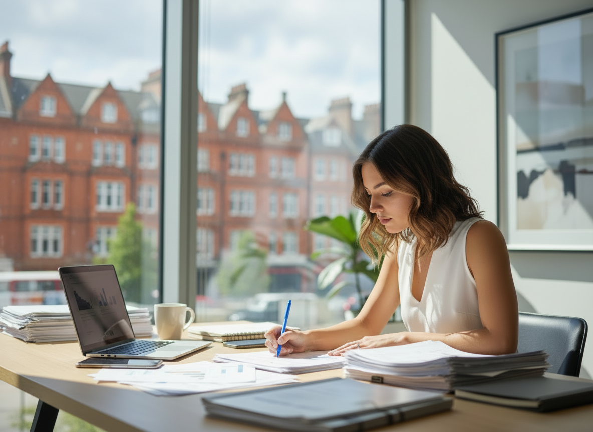 Woman at office desk reviewing paperwork