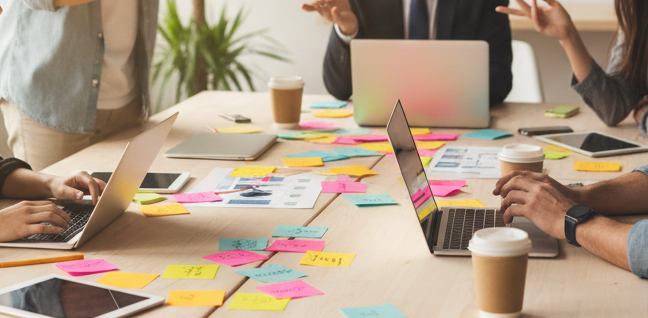 Colleagues at office table on ;laptops with  sticky notes covering the table