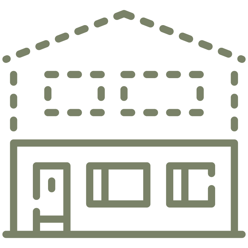 Lined illustration of the front of a building with dotted lines to show expansion