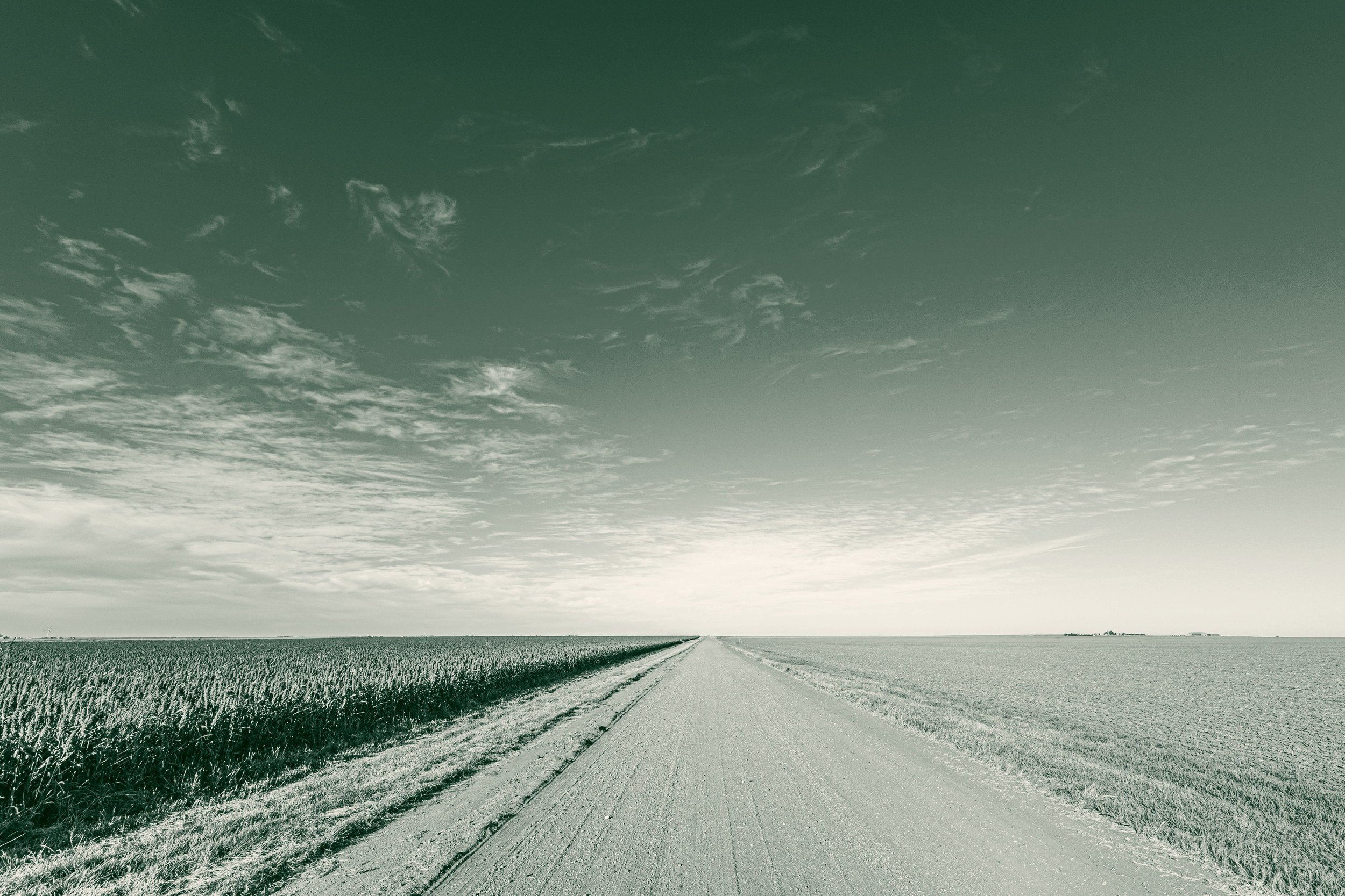 A dirt farm road runs straight toward the horizon between two open fields under a wide Kansas sky.