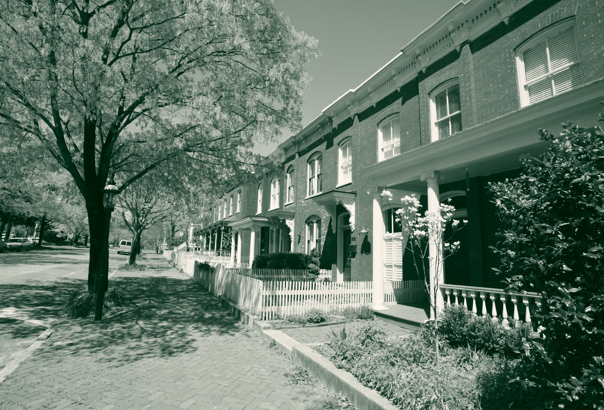 A brick sidewalk shaded by trees beside a row of red brick houses with white front porches in Richmond's Church Hill neighborhood.