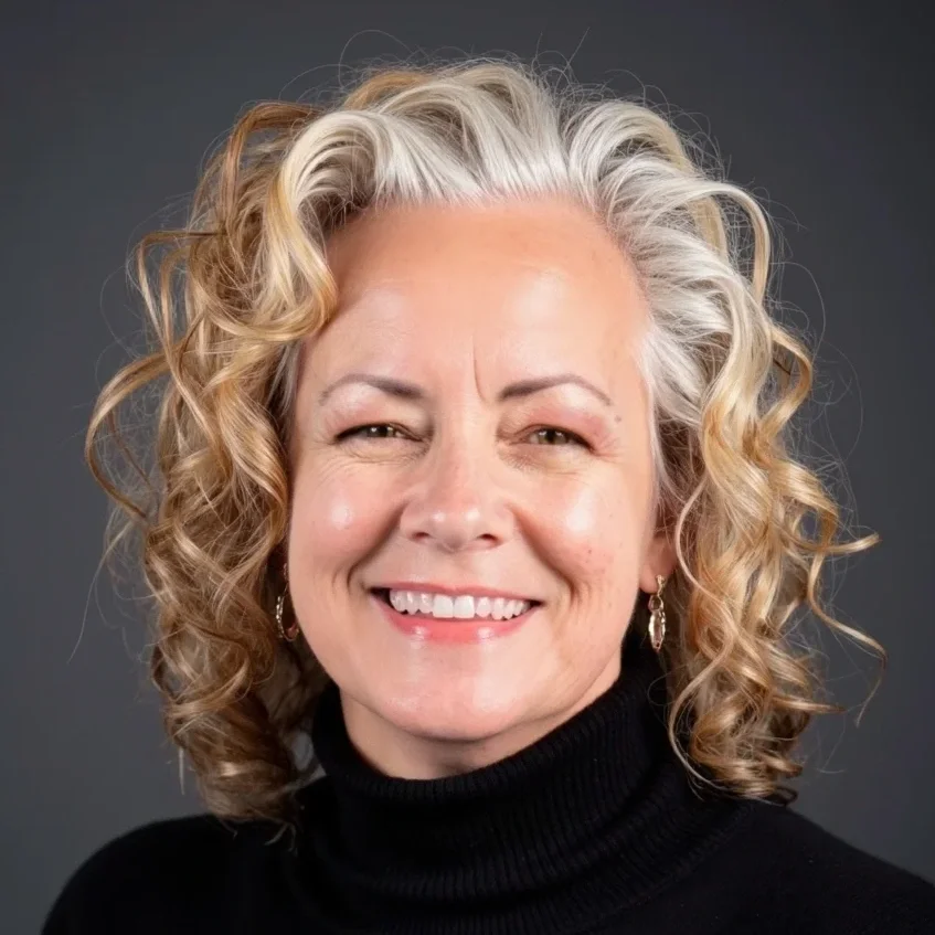 Close-up portrait of a woman with curly gray and blonde hair, smiling, wearing a black turtleneck and earrings against a dark background.