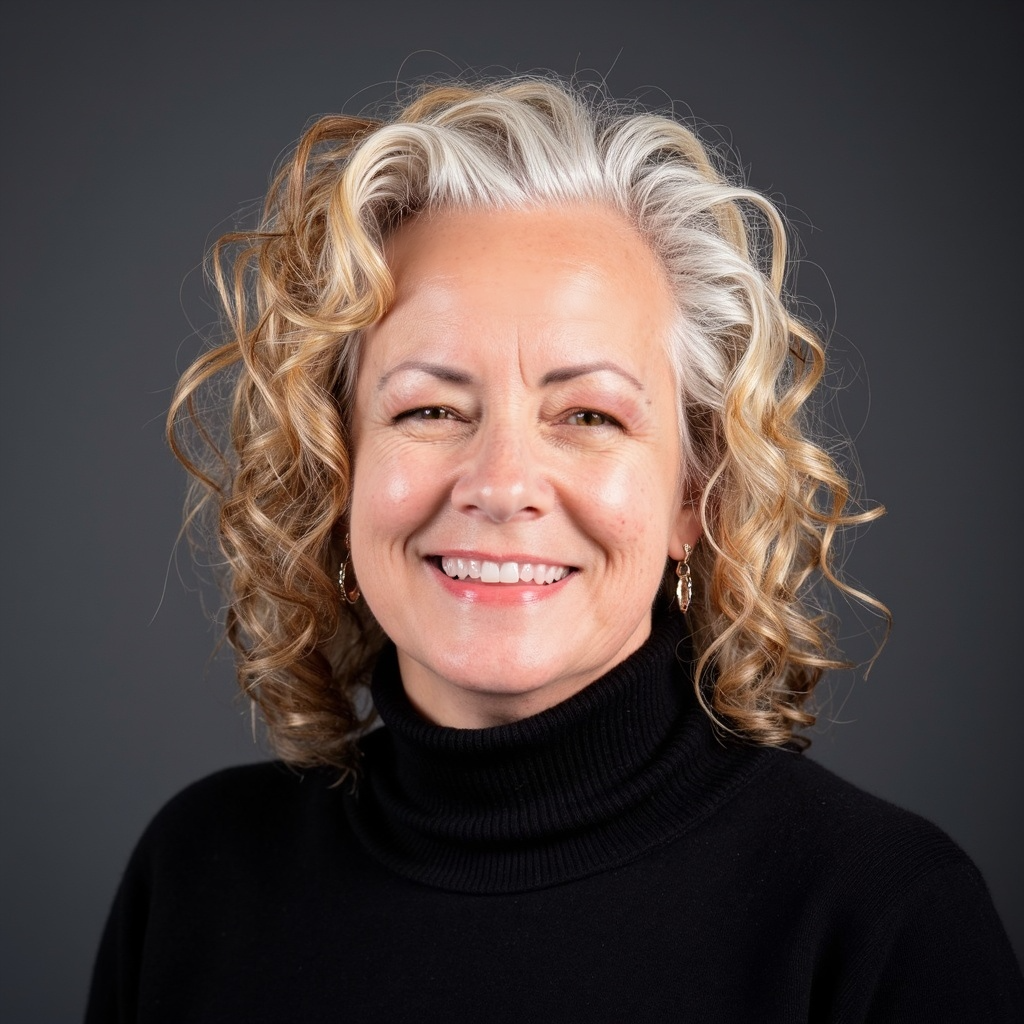 A middle-aged woman with curly gray hair wearing a black turtleneck sweater, smiling against a dark gray background.