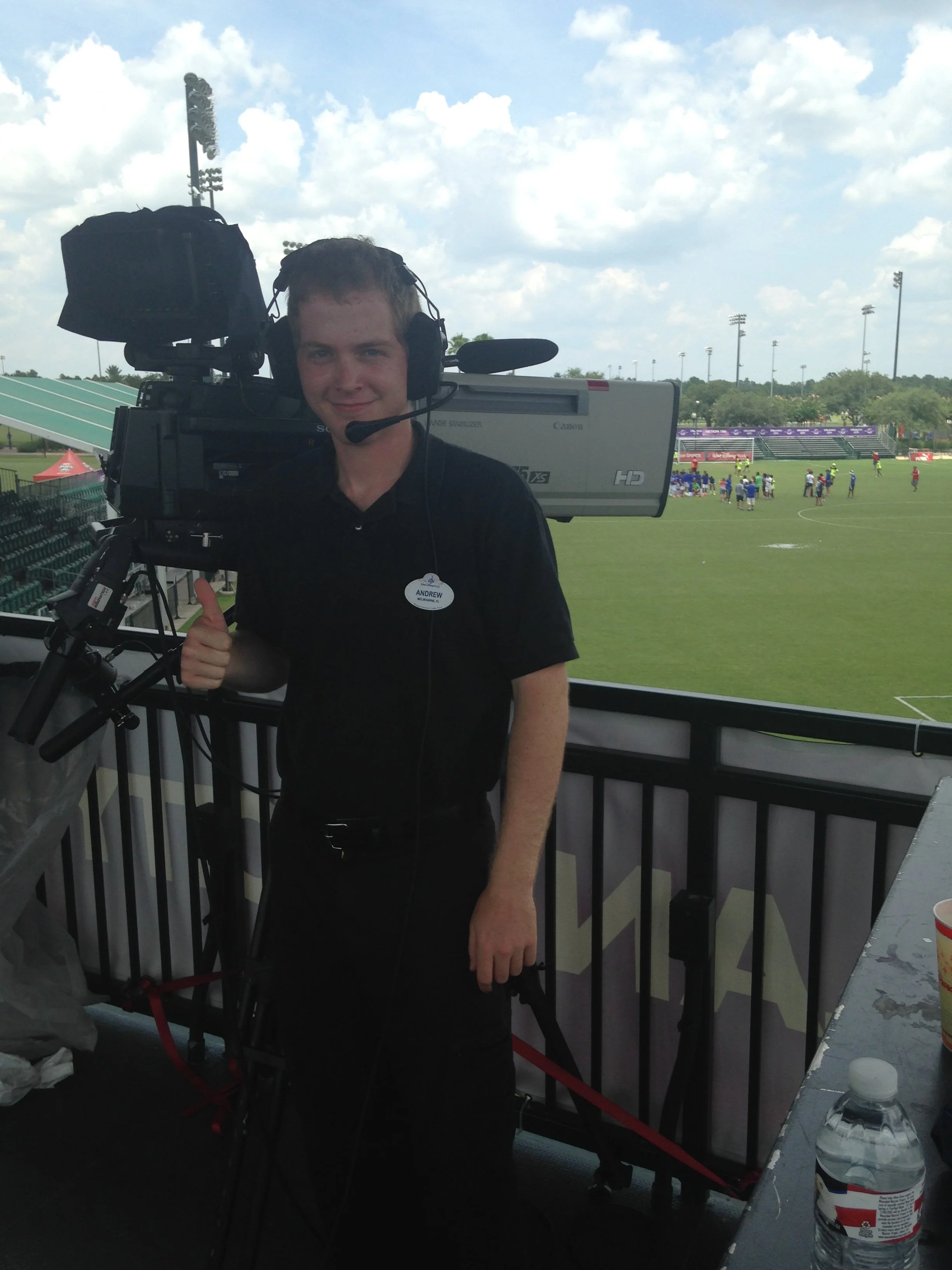 Andrew Henkelman in front of his broadcast camera before an Orlando City match at ESPN's Wide World of Sports in Walt Disney World.
