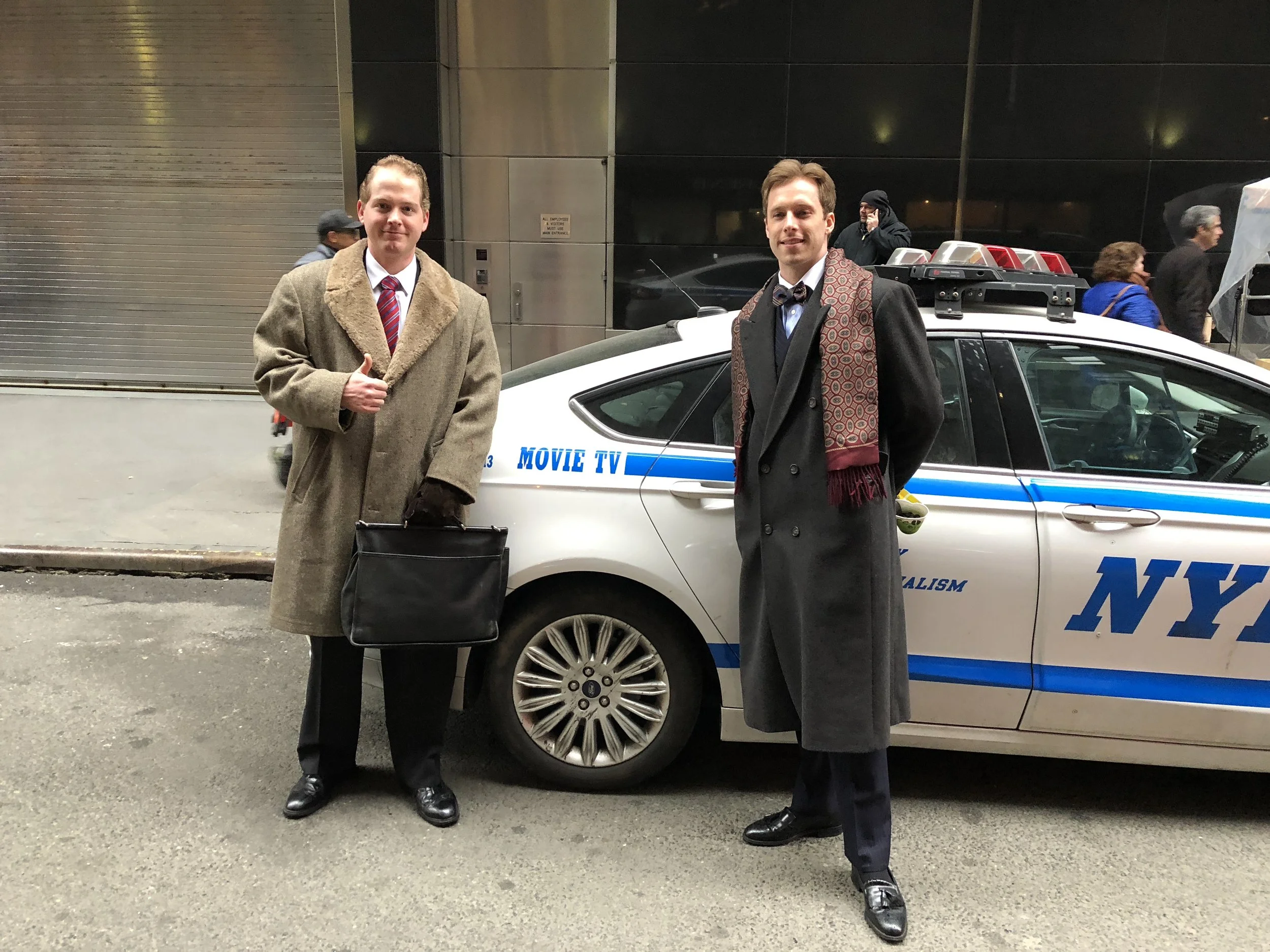 Andrew Henkelman as an actor on the set of an award winning prime time tv show in New York City. NYPD car displays "Film / TV" division.