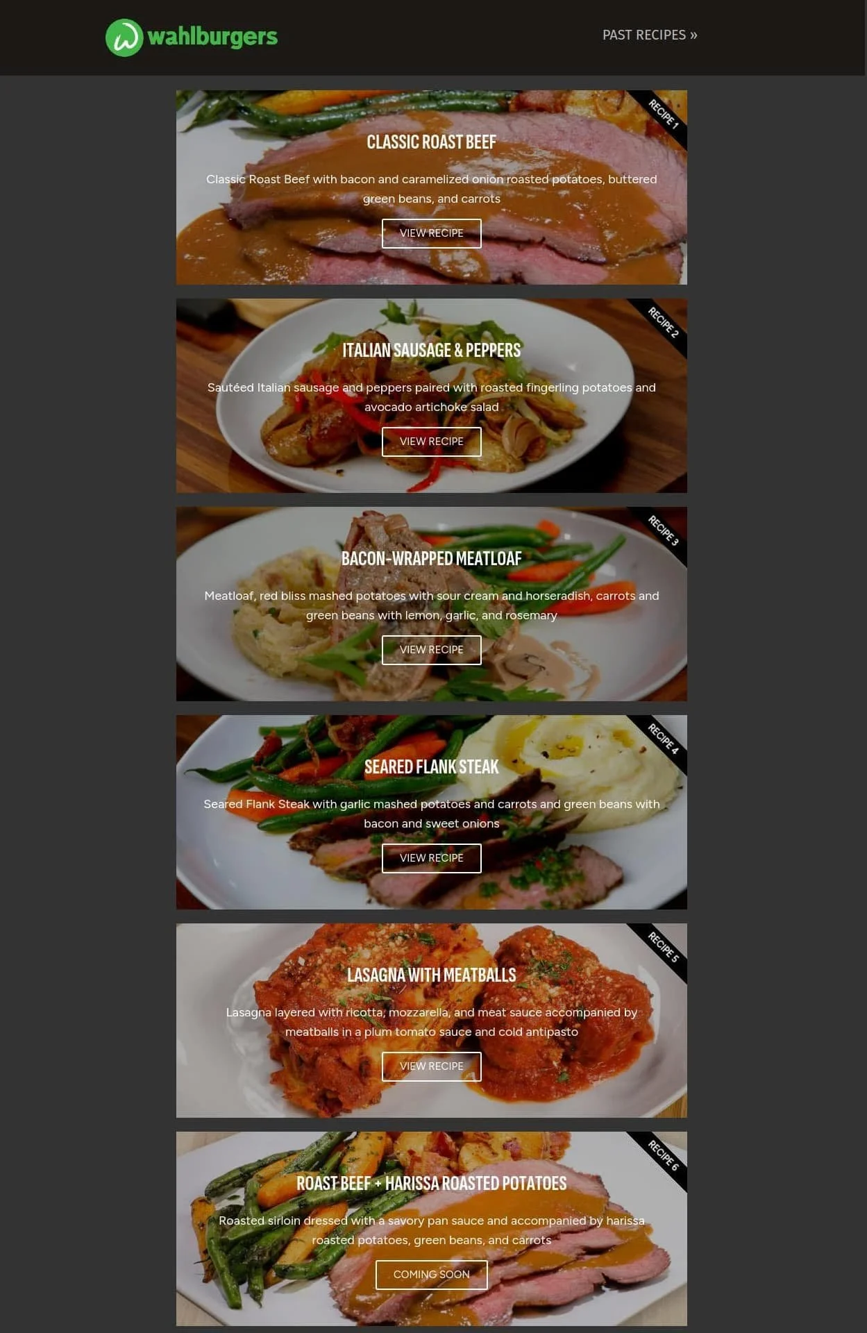 Online menu featuring past recipes with images of various meat dishes, including roast beef, Italian sausage and peppers, bacon-wrapped meatloaf, lasagna with meatballs, and roast beef with harissa roasted potatoes, each with descriptions and 'view recipe' buttons.