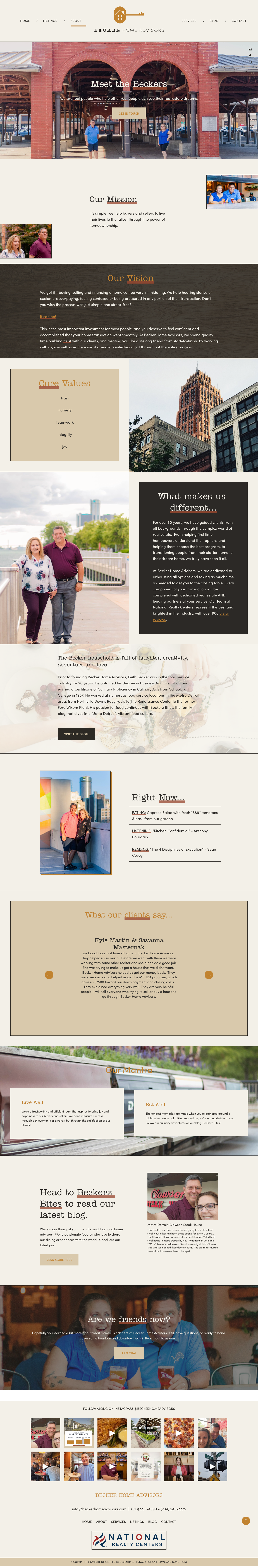   About Page •  This page truly shows off the personality and energy of Becker Home Advisors, illustrating their long-standing professional and personal relationship seamlessly alongside custom-captured visuals.