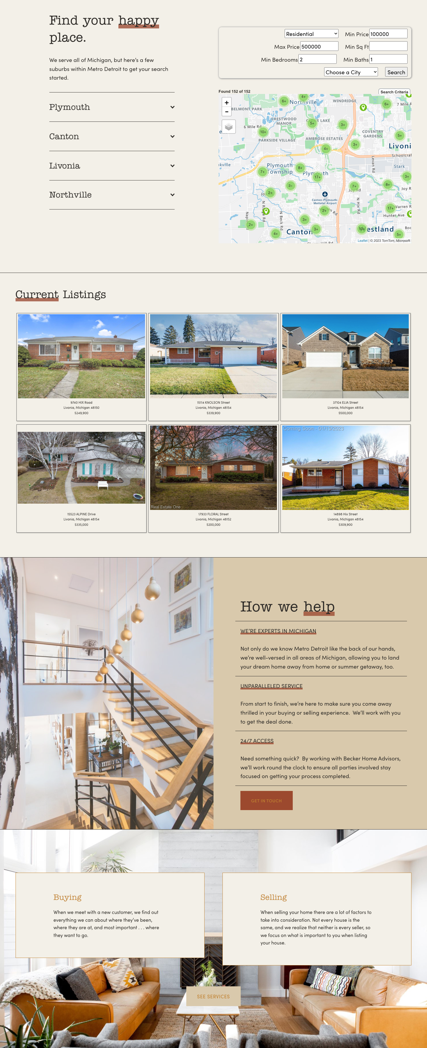   Listings Page •  A seamless integration of MLS listings and map search functionality alongside services-based content provides users the perfect balance between education and shopping behaviors.
