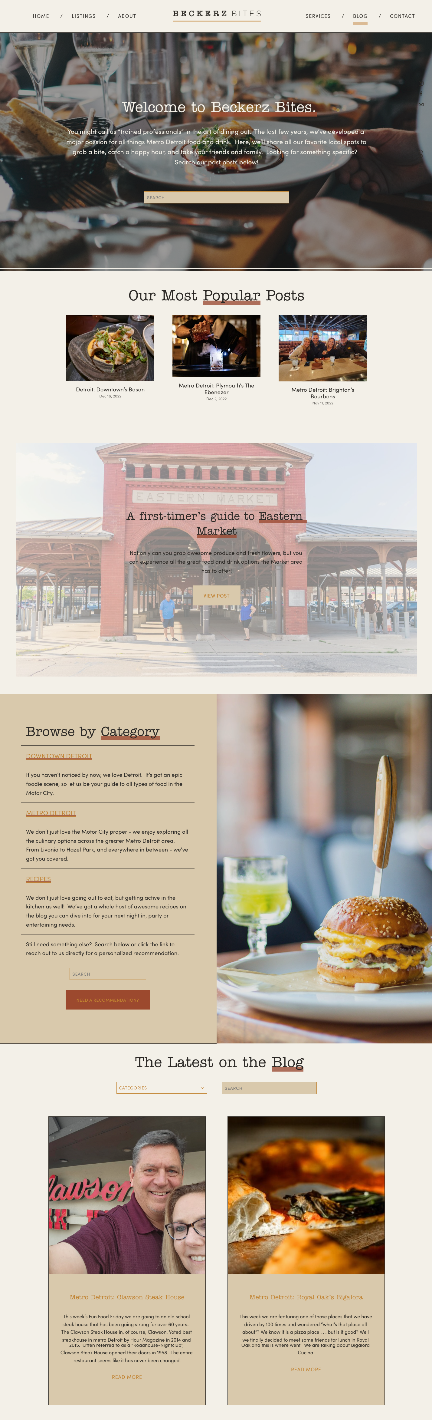   Blog Page •  The food blog, Beckerz Bites, becomes it's own mini-website with scrolling homepage to browse posts by category, complete with it's own custom logo header.