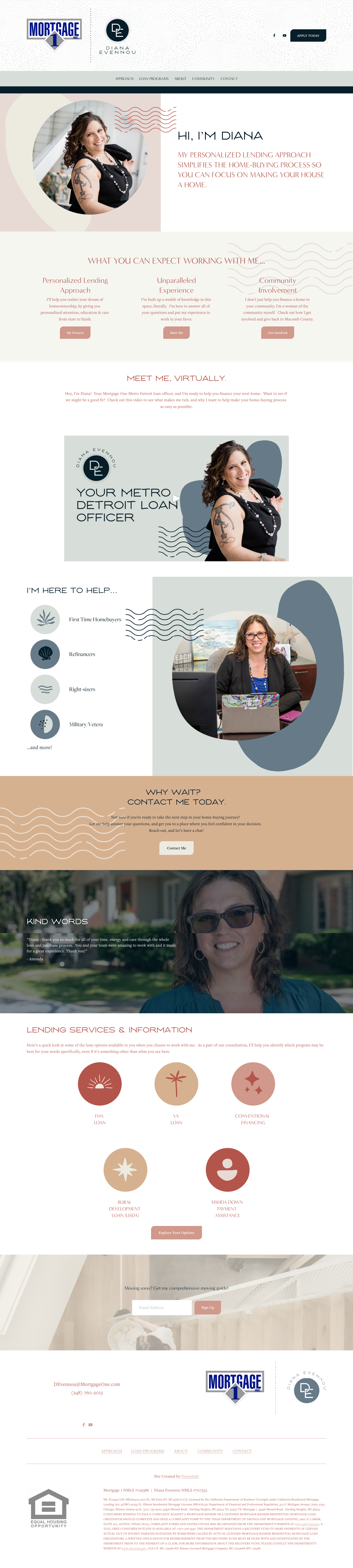  Homepage •  We used this page to really drive home the color palette, patterns and iconography we created for Diana's brand, all while giving visitors entry points to the major site pages.