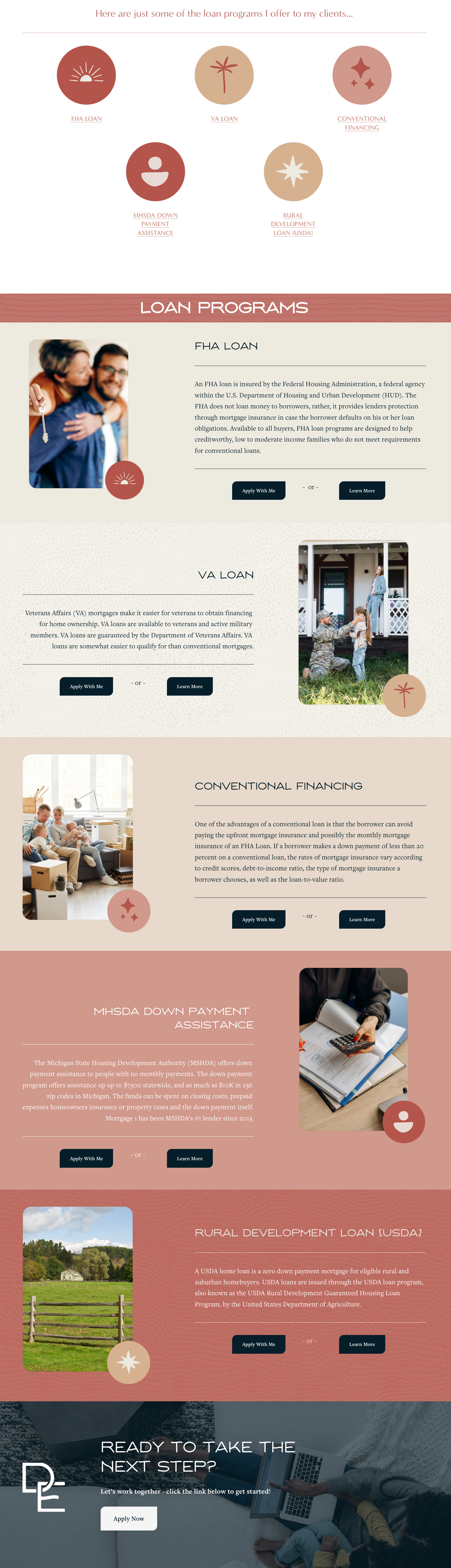  Loan Programs •  There are many types of loan programs Diana offers her clients, so this page gives a high level overview of each, with a place to either apply or contact her.  The best part is the inclusion of her custom icons and brand patterns t