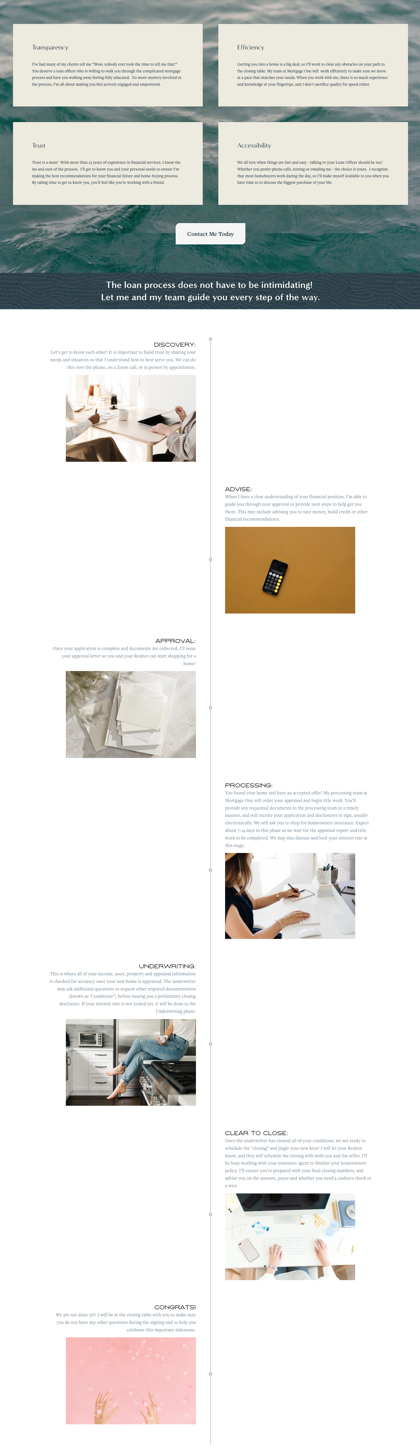   Approach •  Diana is huge on relationship-building, so we designed an Approach page to highlight the values she stands for as well as a dynamic timeline-view of what working with her entails.