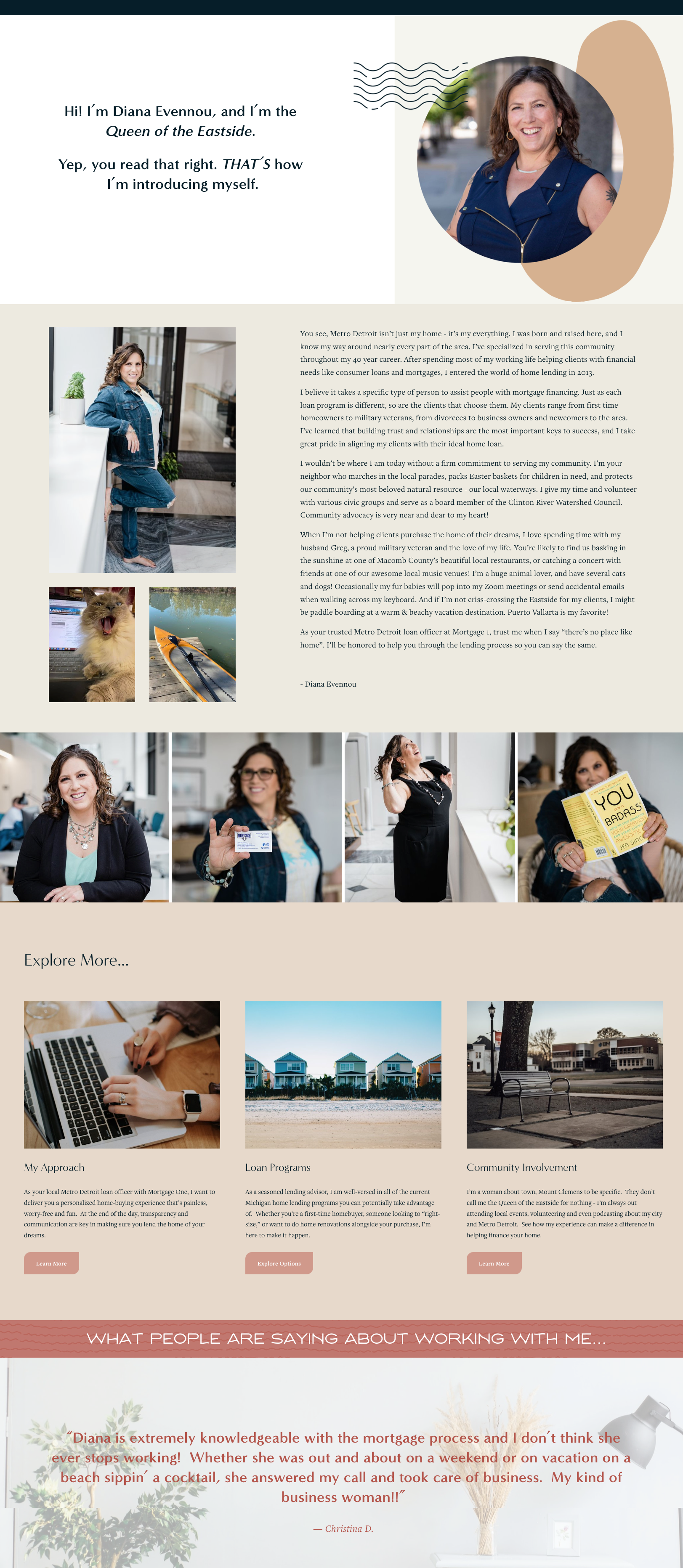   About •  The self-proclaimed "Queen of the Eastside" - Diana has a great story to tell alongside awesome professional branded imagery, so we included both here, alongside ways to explore further and client testimonials.