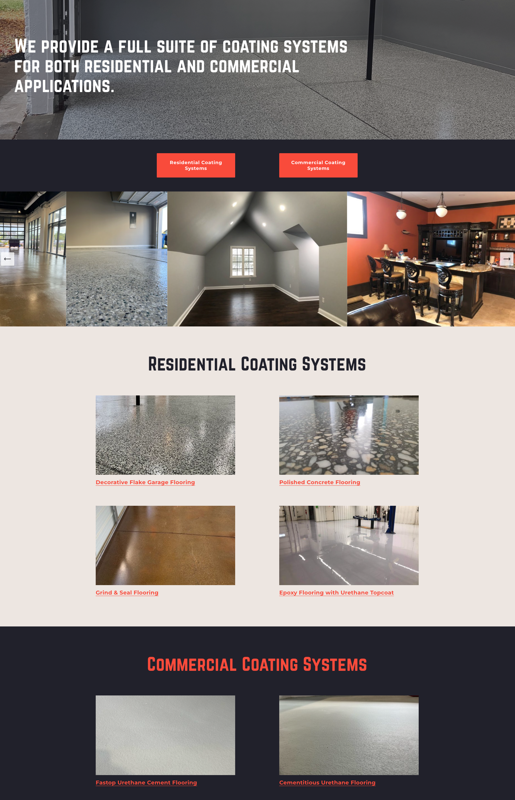  Coating Systems •  After benchmarking regional and national competitors, we felt it was important to have a page summarizing the floor coatings offered by DMG, and allow users to click to learn more details.
