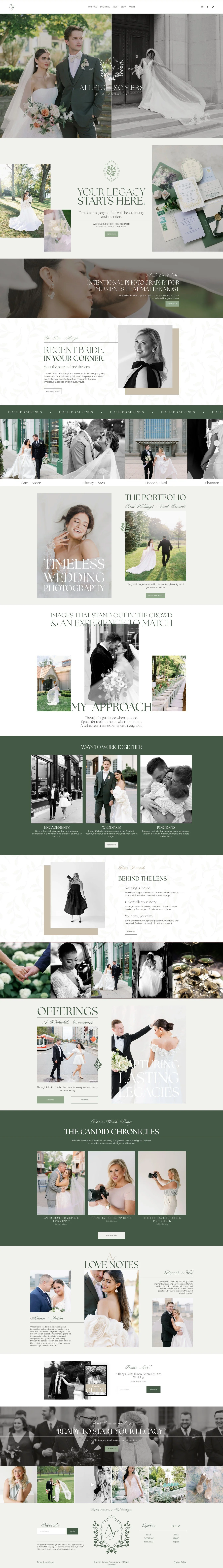  Homepage •  We used this page to introduce Alleigh's talents and ways of working to prospective clients through photo-forward layouts, layered brand patterns and color blocking.