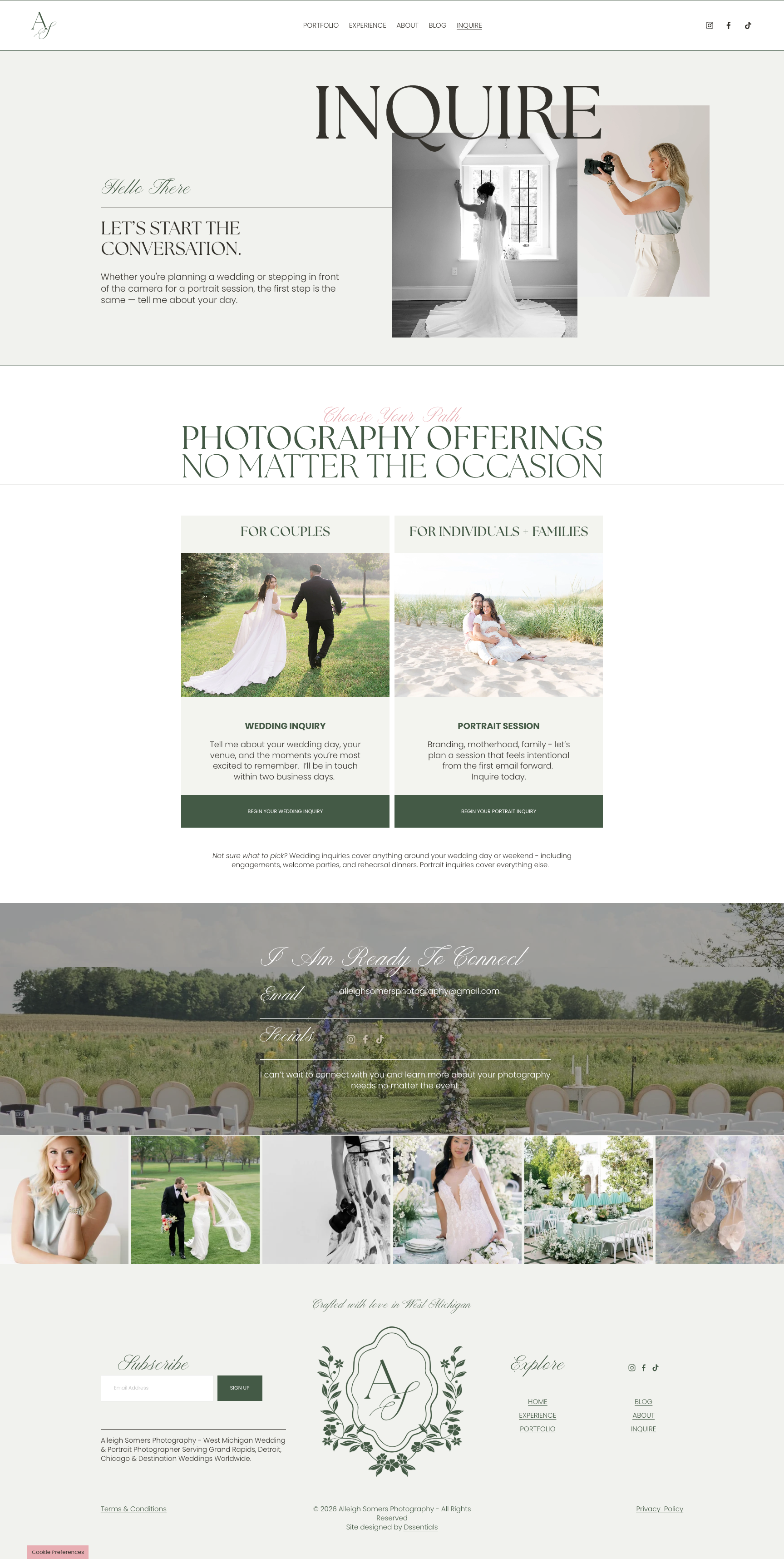 Inquiry Home •  Clients can inquire in two ways - for weddings and for portraits.  This inquiry landing is a great place for visitors to self-select and only fill out a form that's more closely related to their photo needs.