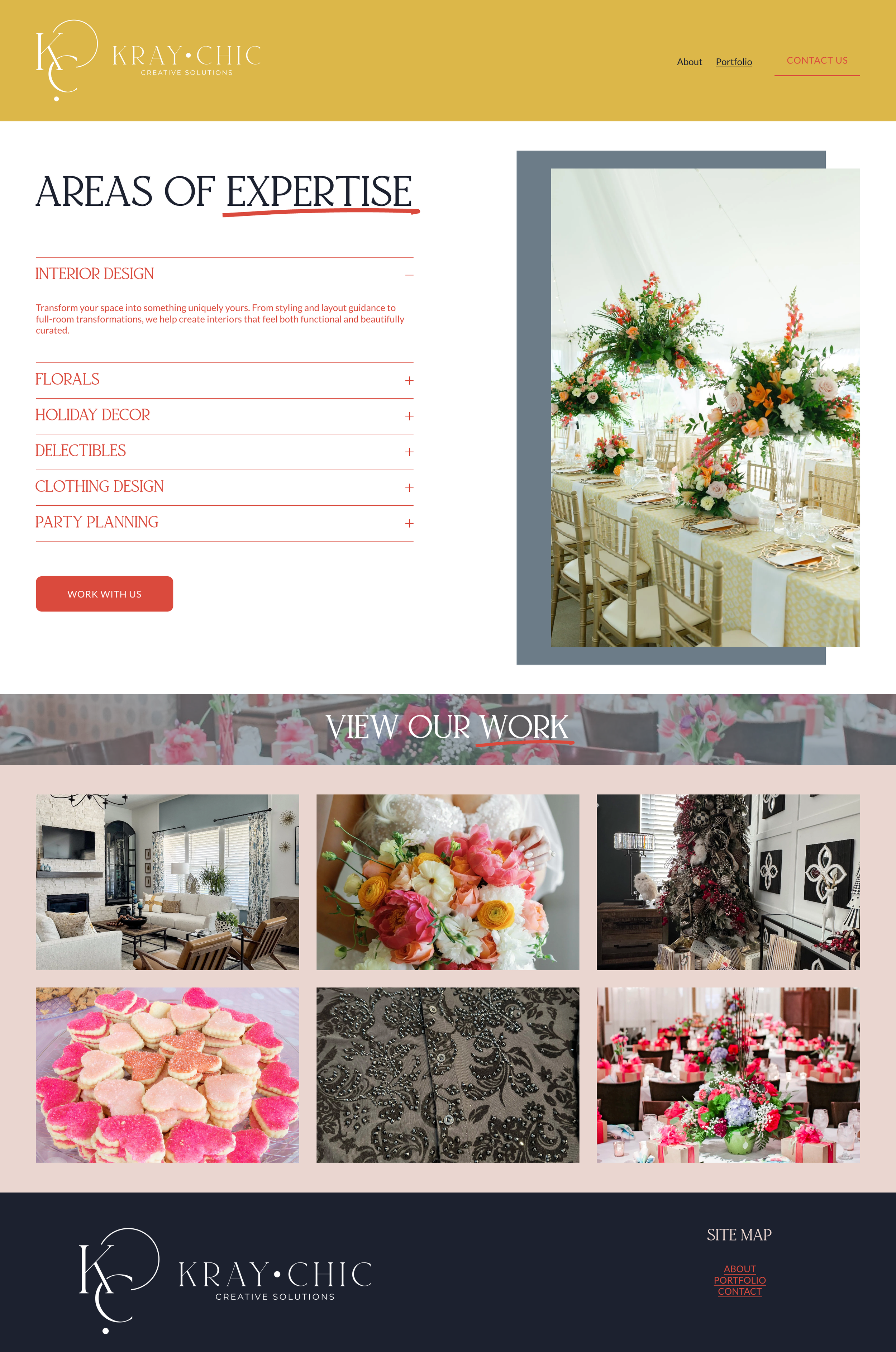  Portfolio •  We kept their portfolio overview page simple.  A quick description accordion to explain their 6 service offerings, and a grid of tiles customers can self-select to view images within the category that aligns to their needs.