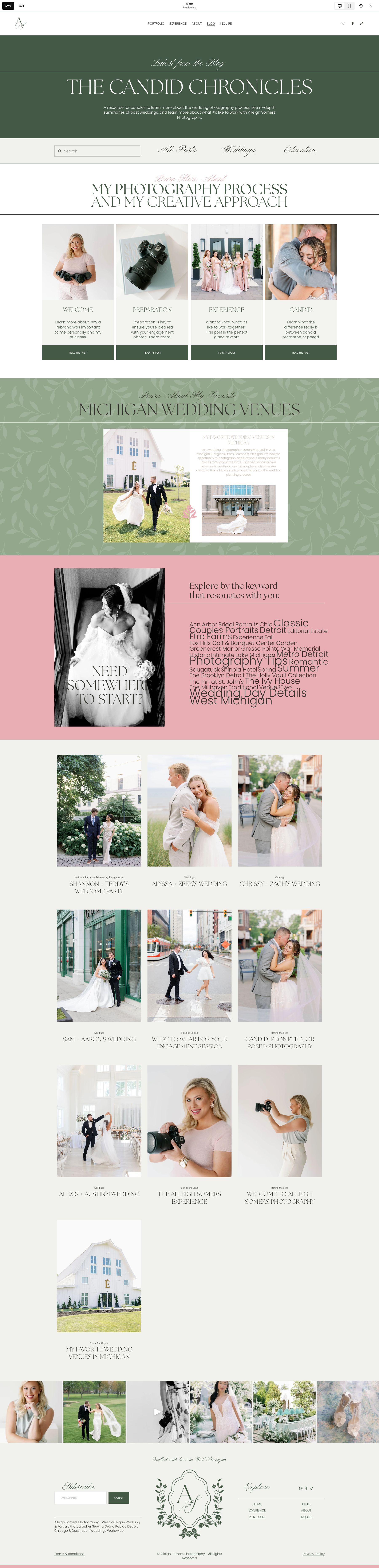  Blog Home •  Alleigh plans to have an active blog as a part of her site to help drive SEO strategy, so the homepage has to be a place where users can self-serve via the posts organized by tags and categories.
