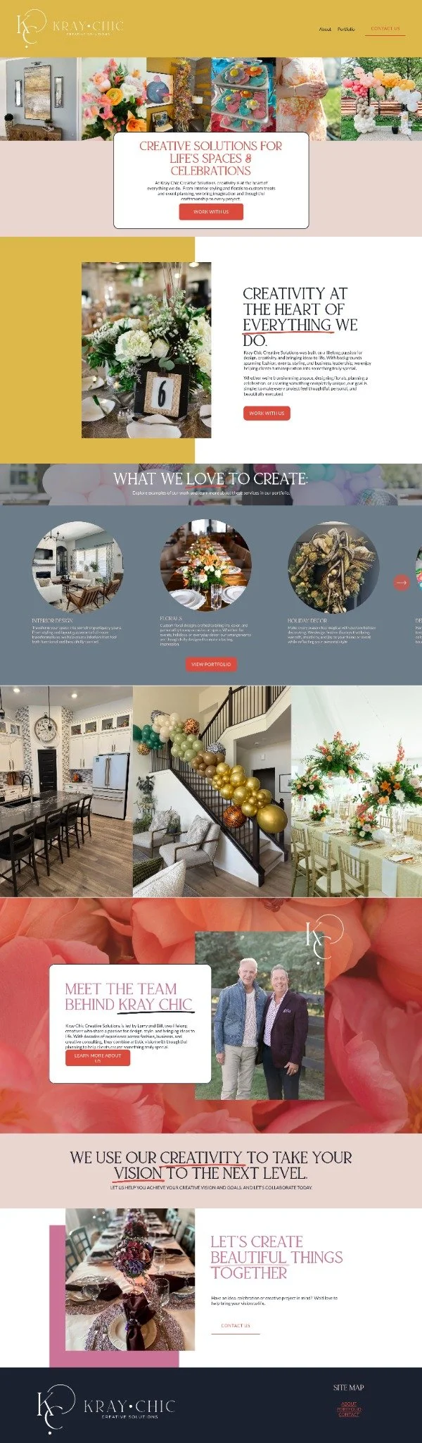  Homepage •  The homepage for Kray Chic uses design layouts and color to showcase the broad spectrum of offerings and allow users to self-select their path forward to learn more.