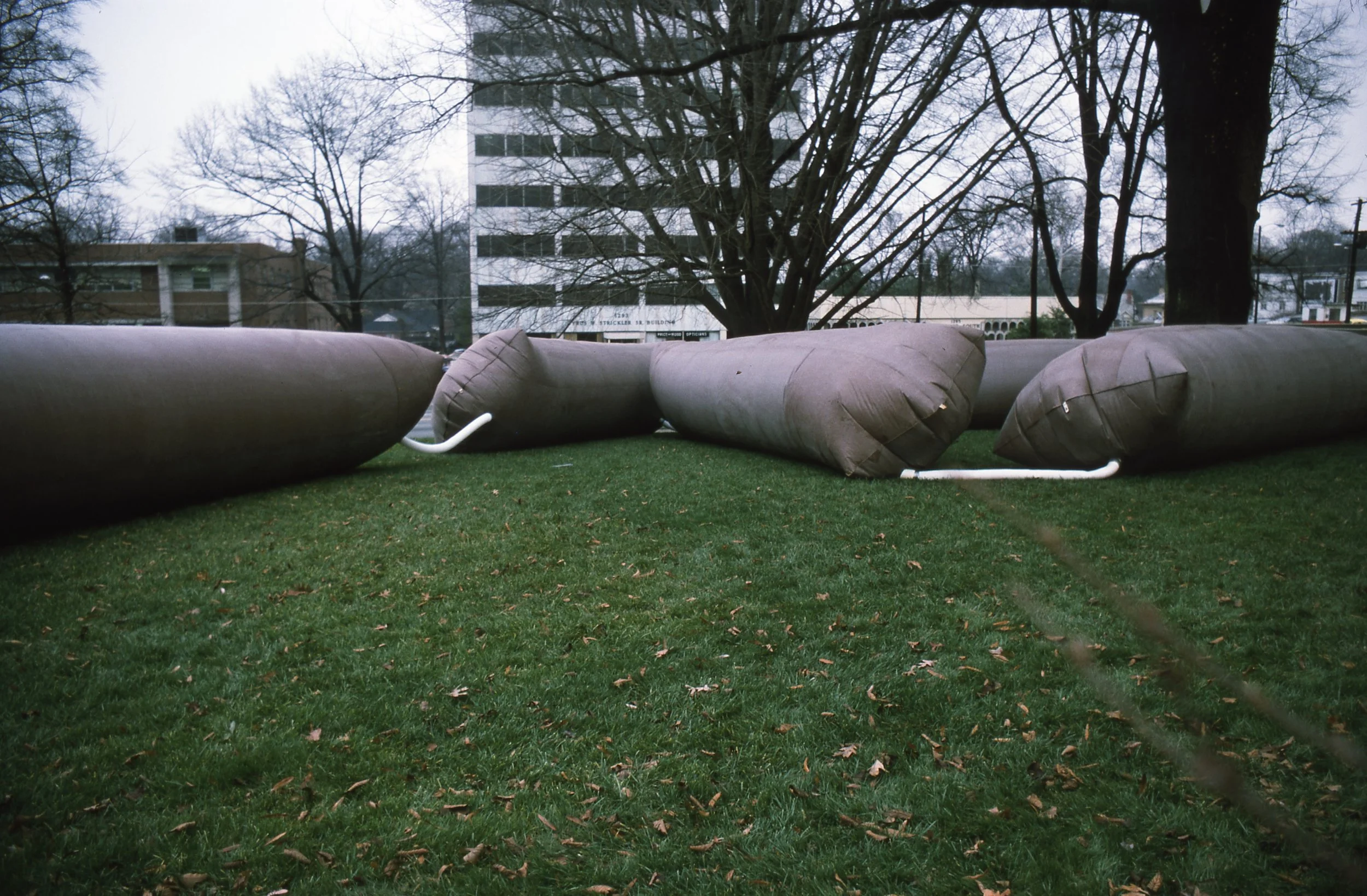 Deployed inflatable outdoor obstacle course on grass with trees and buildings in the background.