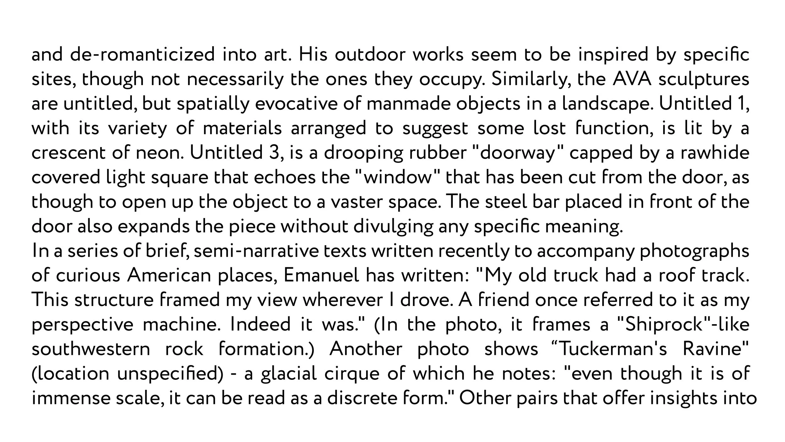 Photograph of a book page with written text discussing outdoor art, sculptures, and geological formations, including a quote about a truck with a roof track.