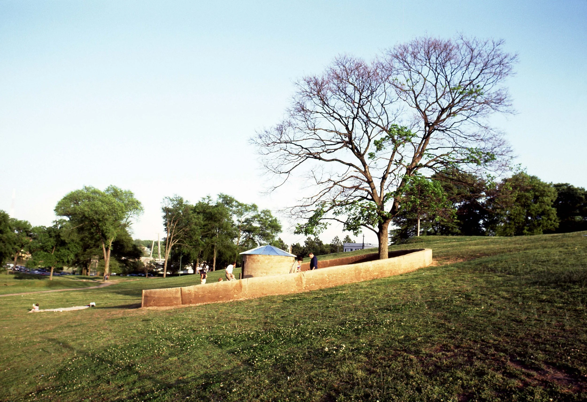 A park with a large leafless tree, some green trees, a grassy hill, and a few people walking or sitting near a concrete structure with a blue roof, under a clear blue sky.