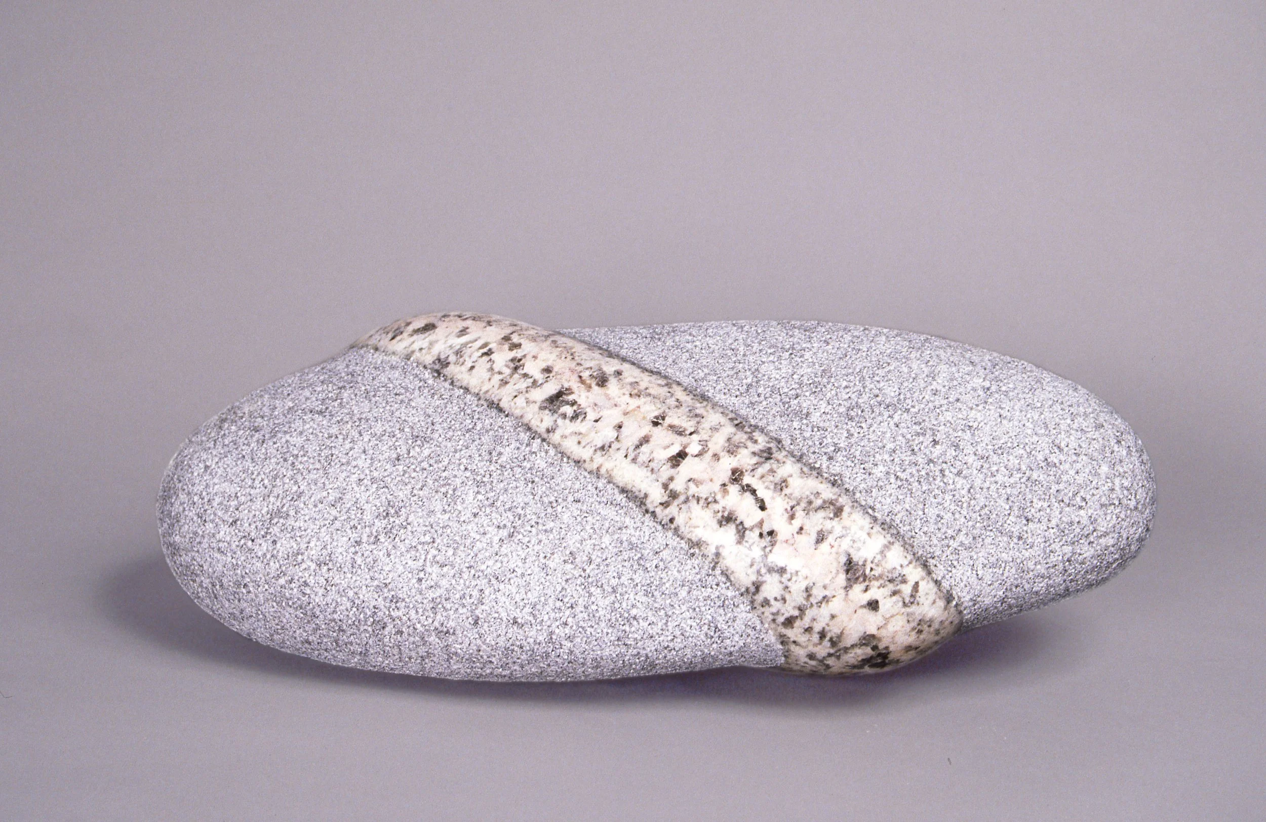A smooth, oval, gray stone with a white and dark speckled stripe running diagonally across it.