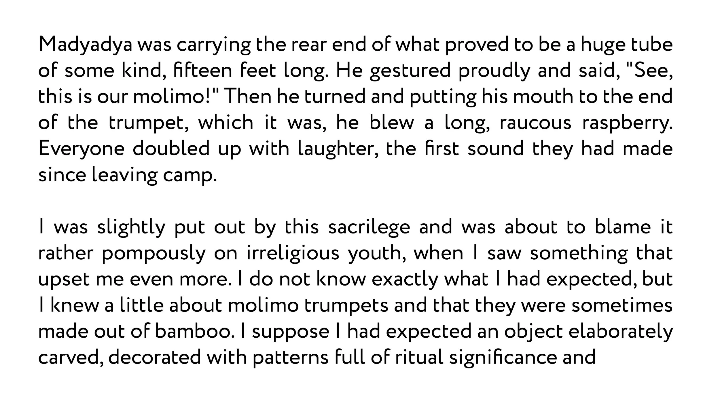 Text excerpt about a person named Madyadya carrying a large bamboo tube, describing how he called it a molimlo, blowing into it, and the laughter of others. The text also mentions the narrator's reaction to the situation and their knowledge of molimo