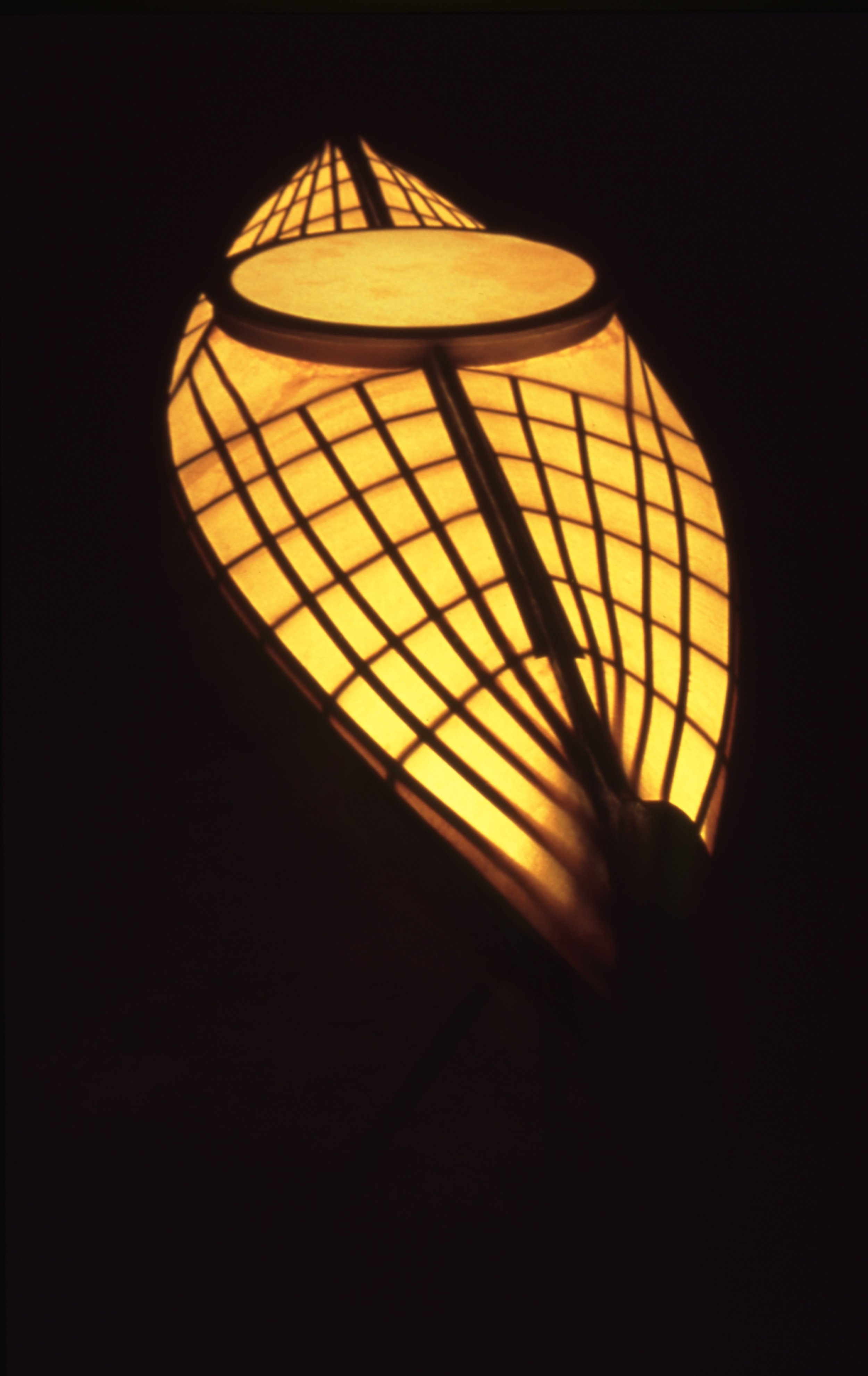 A lit paper lantern with a warm yellow glow, featuring a grid pattern of black lines, hanging in a dark environment.