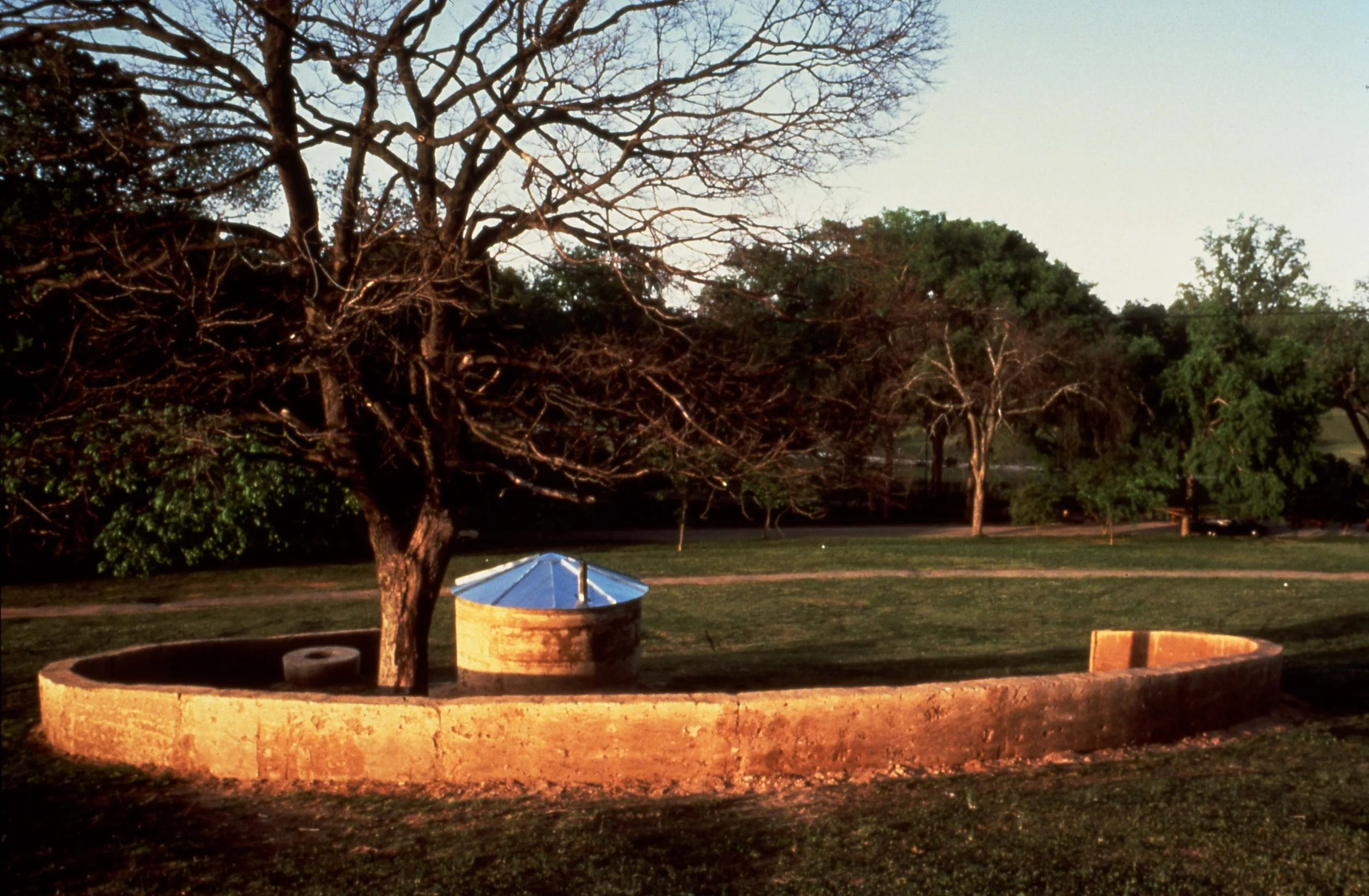 A park scene with a leafless tree, a circular stone structure with a blue roof, and multiple trees in the background.