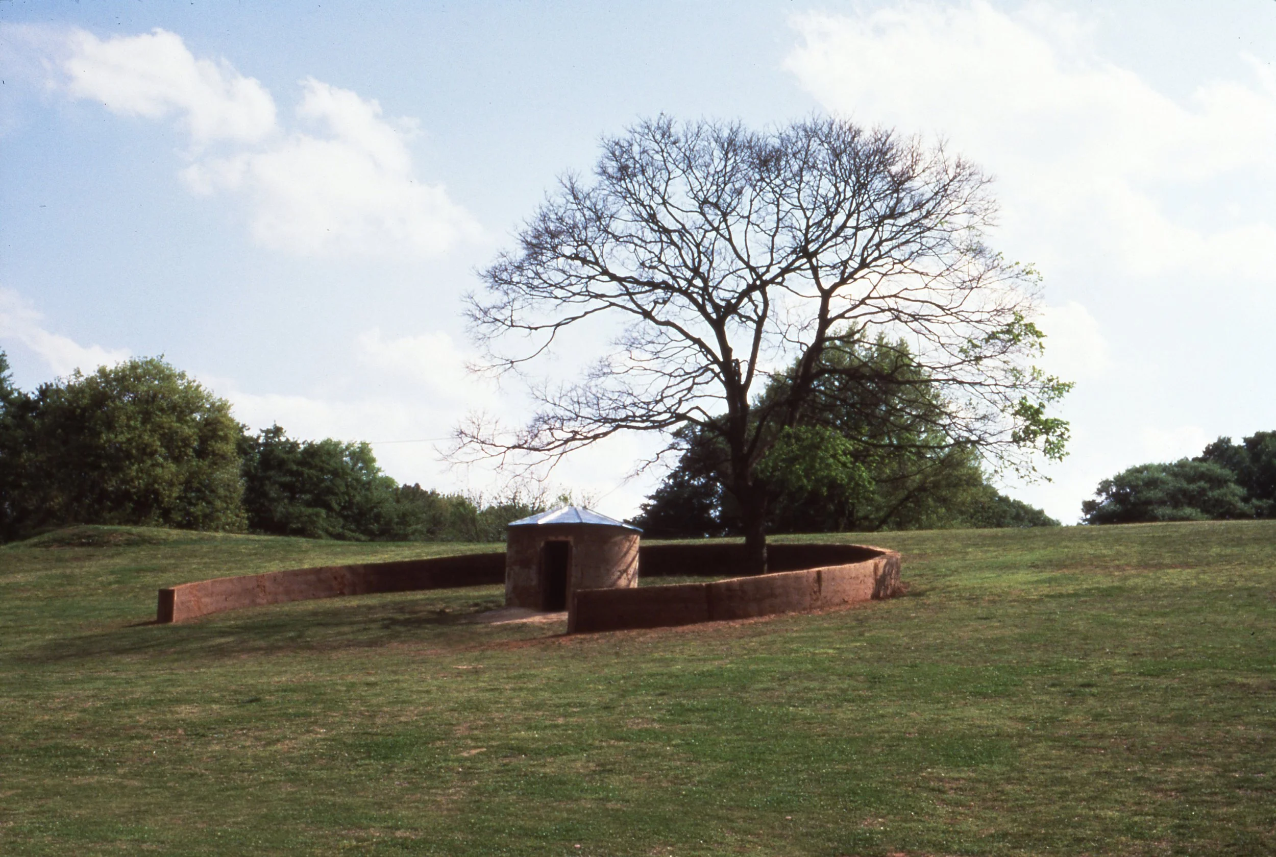 A large, leafless tree on a grassy hill with a small round structure and a curved brick wall surrounding its base, under a partly cloudy sky.