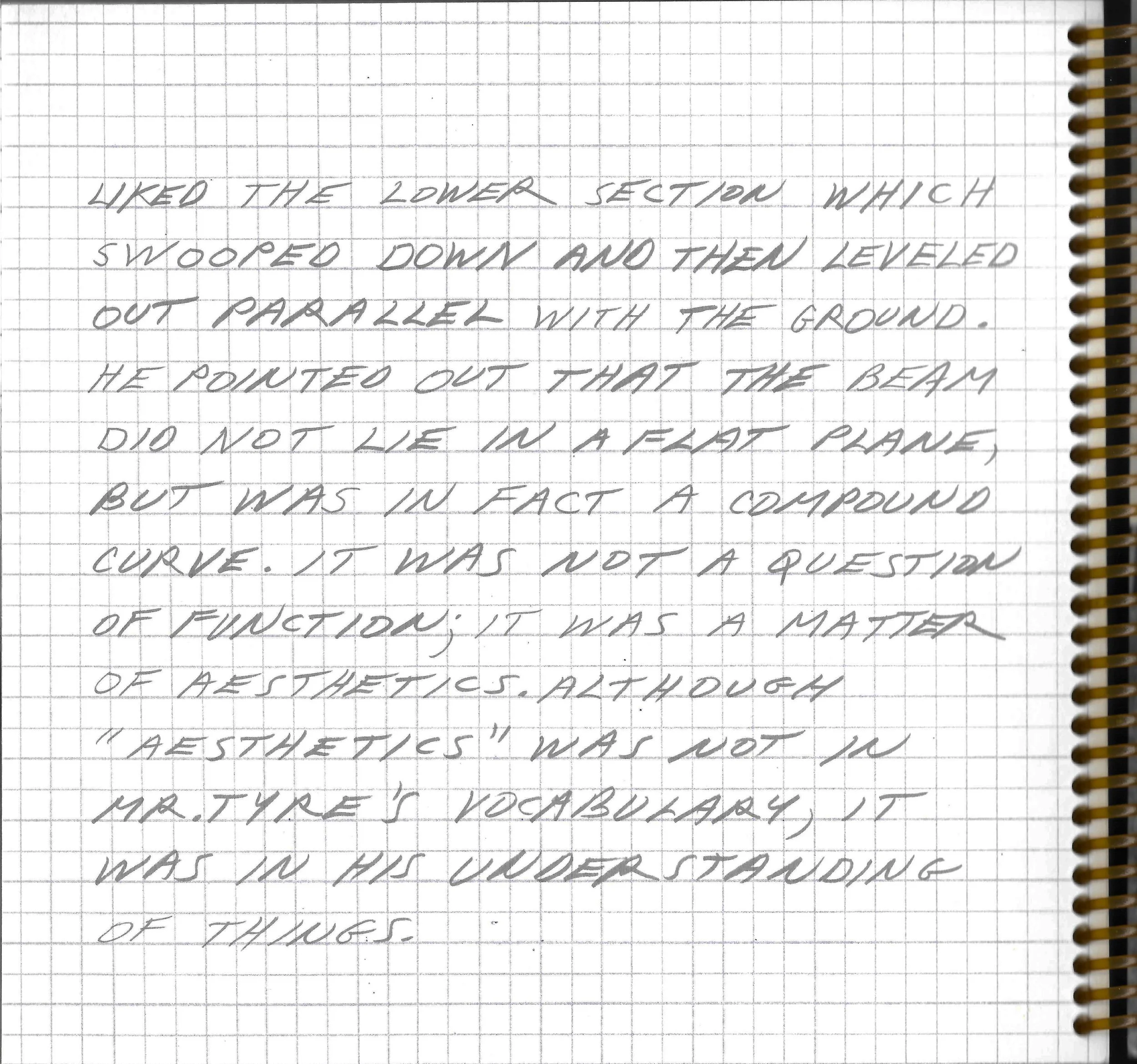 Notebook page with handwritten text in cursive, discussing the concept of aesthetics and function, with a spiral binding visible on the right side.
