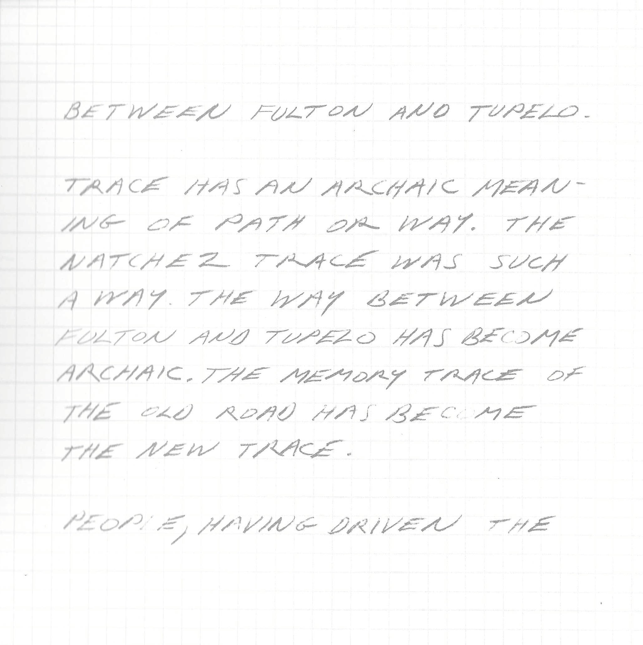 Handwritten notes about tire tracks and archaism, mentioning Fulton and Tupelo.