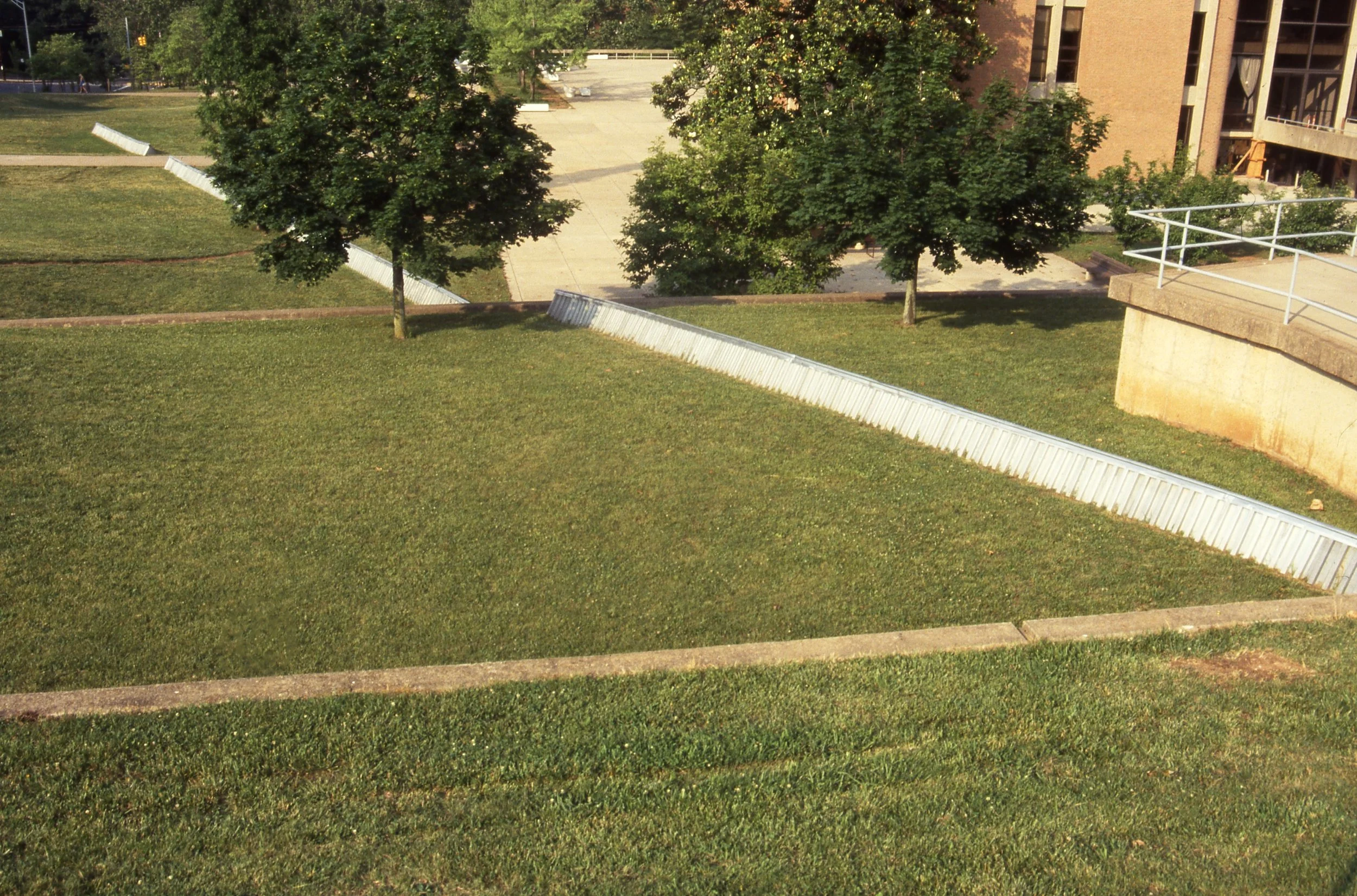An outdoor scene with grassy areas, concrete pathways, several trees with green leaves, and a beige building with windows in the background.