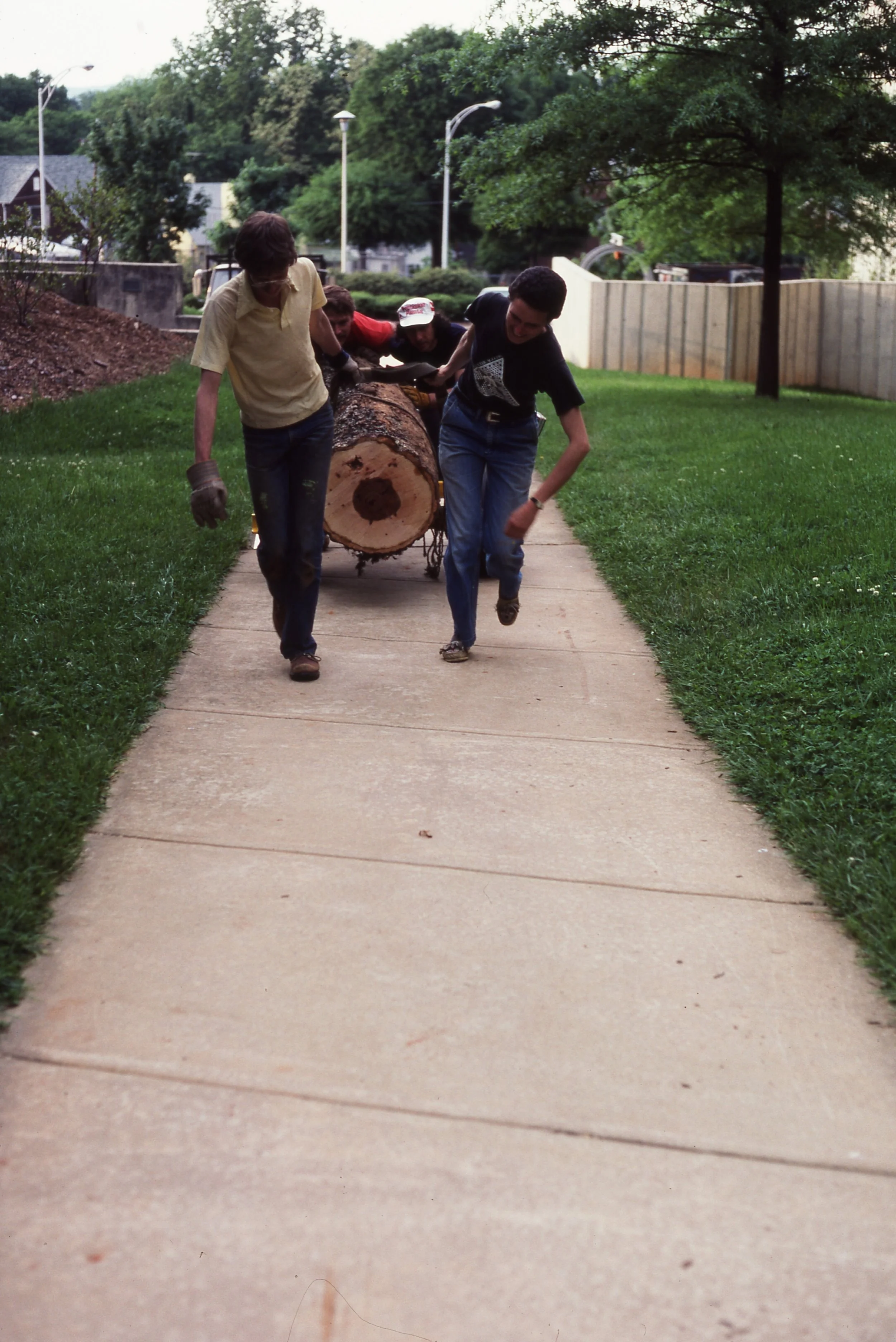 Four young men are moving a large log along a sidewalk in a neighborhood with green lawns and trees.