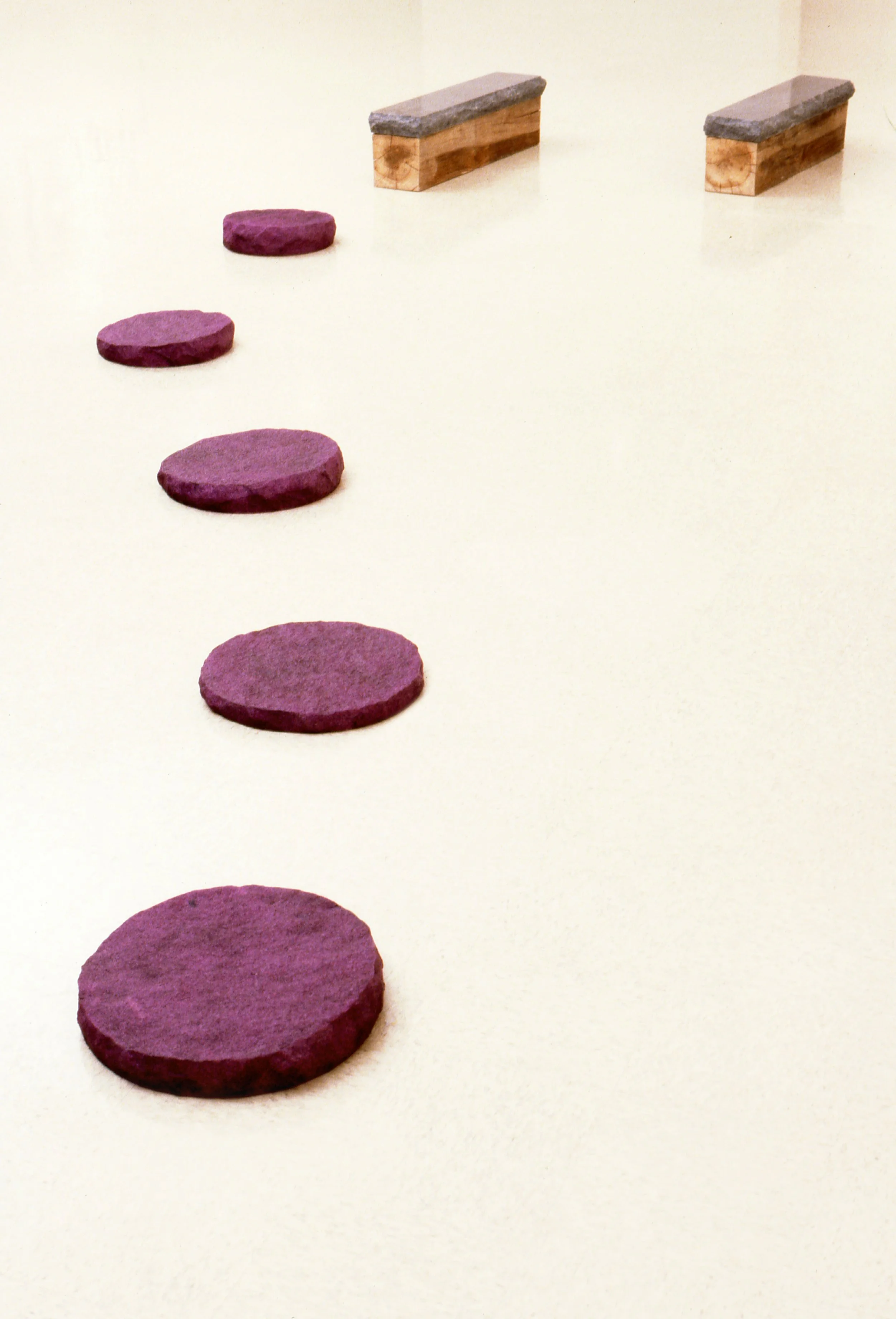 Purple felt stepping stones leading to small wooden platforms with gray tops on a white surface.