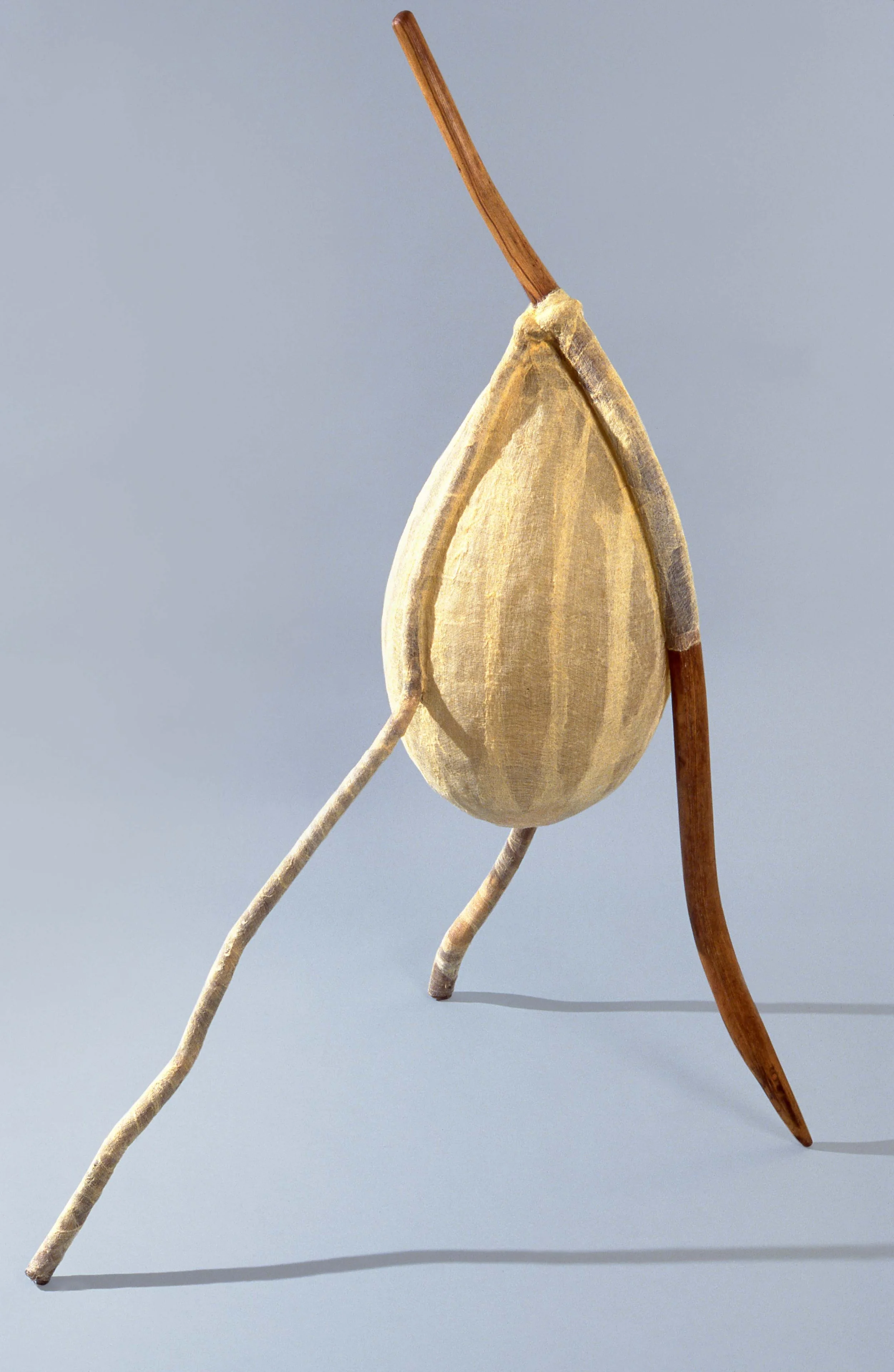A surreal sculpture of a teardrop-shaped object with wooden sticks protruding from the top and sides, set against a plain gray background.