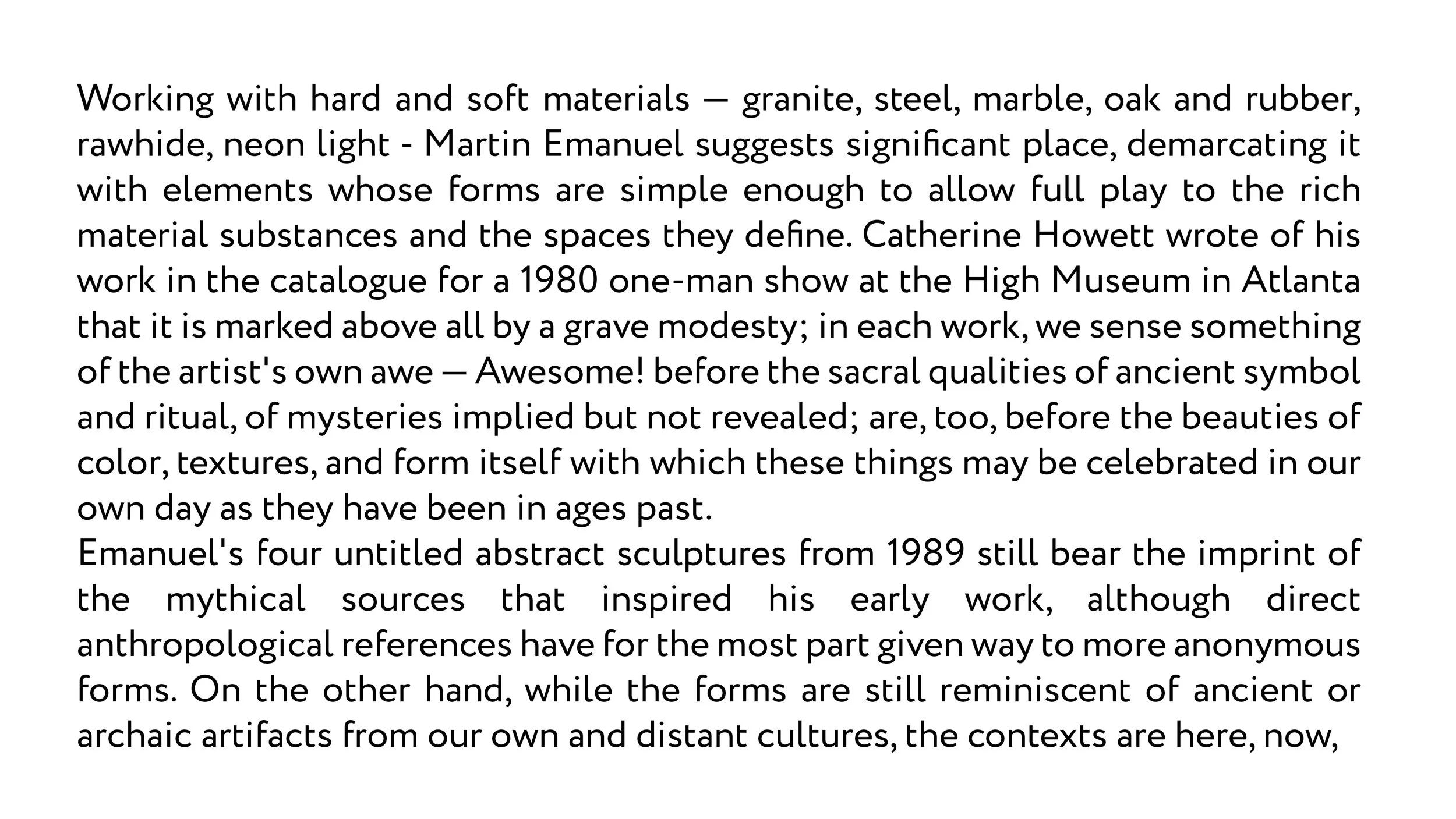 A block of descriptive text about sculpture and materials used, referencing an exhibition at the High Museum in Atlanta and discussing themes of ancient symbolism, myth, and cultural artifacts.