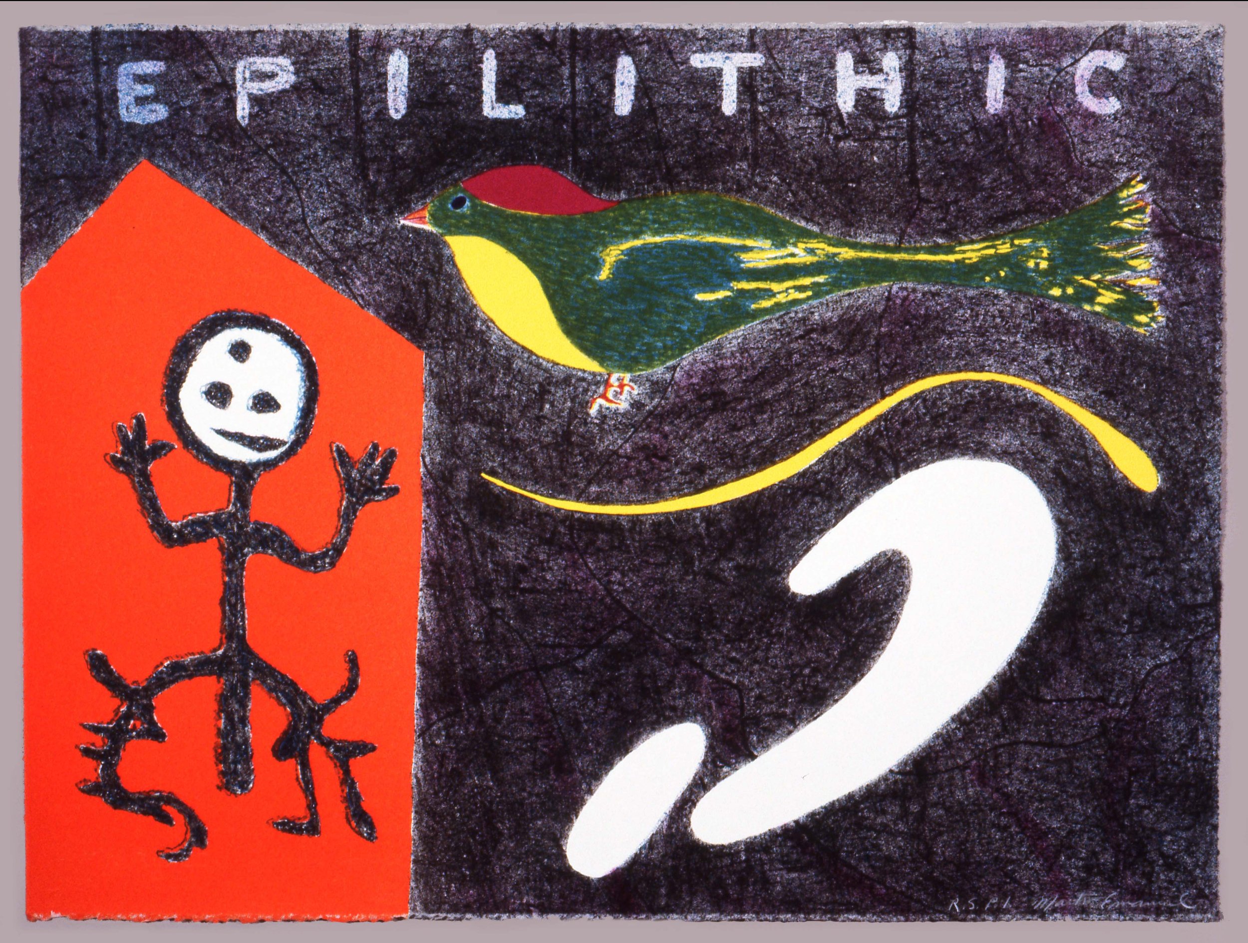 Colorful drawing with the word 'EPILEPTIC' at the top, a smiling stick figure inside a red house-like shape on the left, a brightly colored bird flying in the middle, and a large white question mark on the right side.