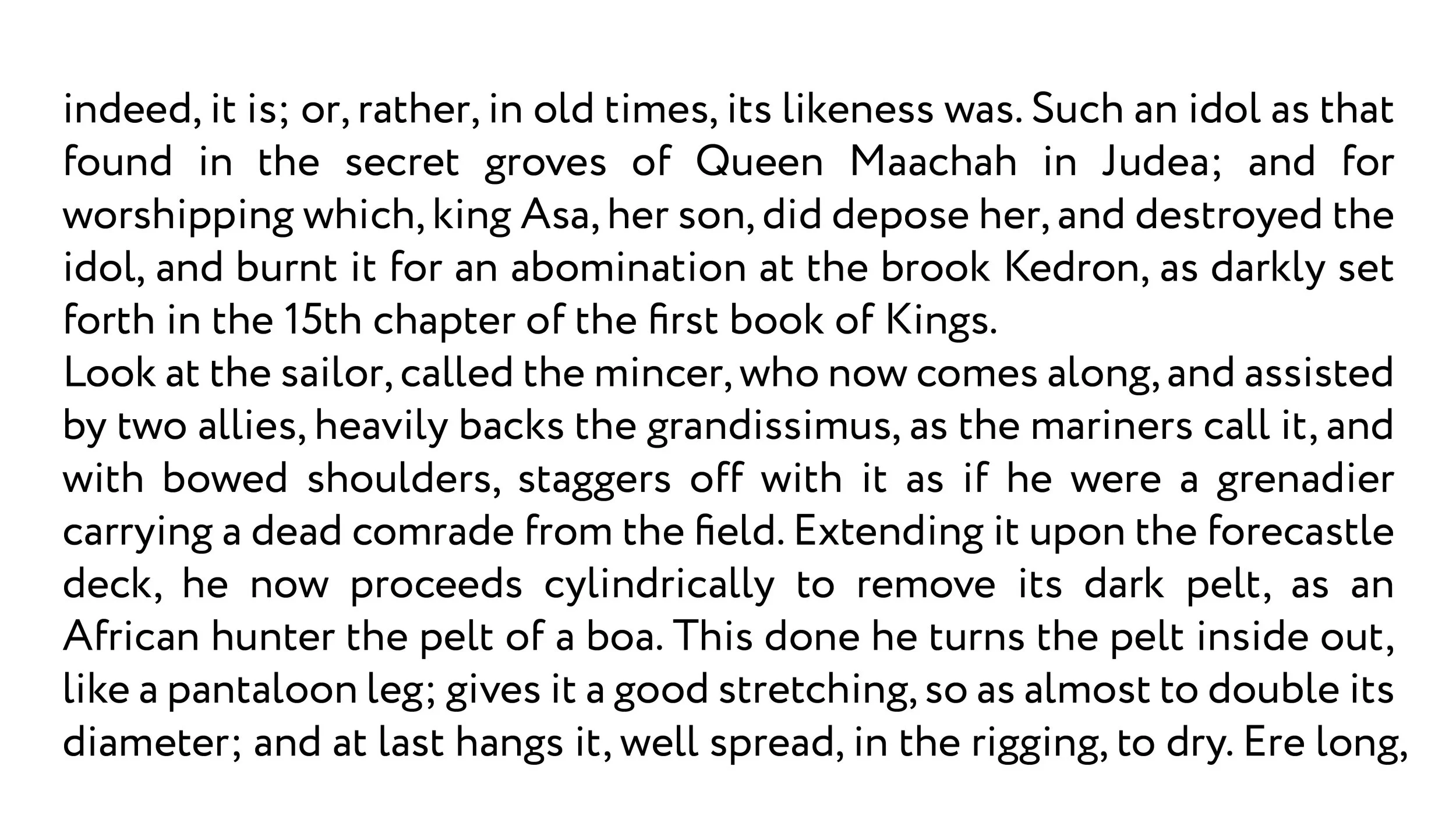 A page of text discussing ancient idols, King Asa, and a sailor carrying a dead comrade, with detailed descriptions of actions involving a dark belt, and a mention of a rigging process.