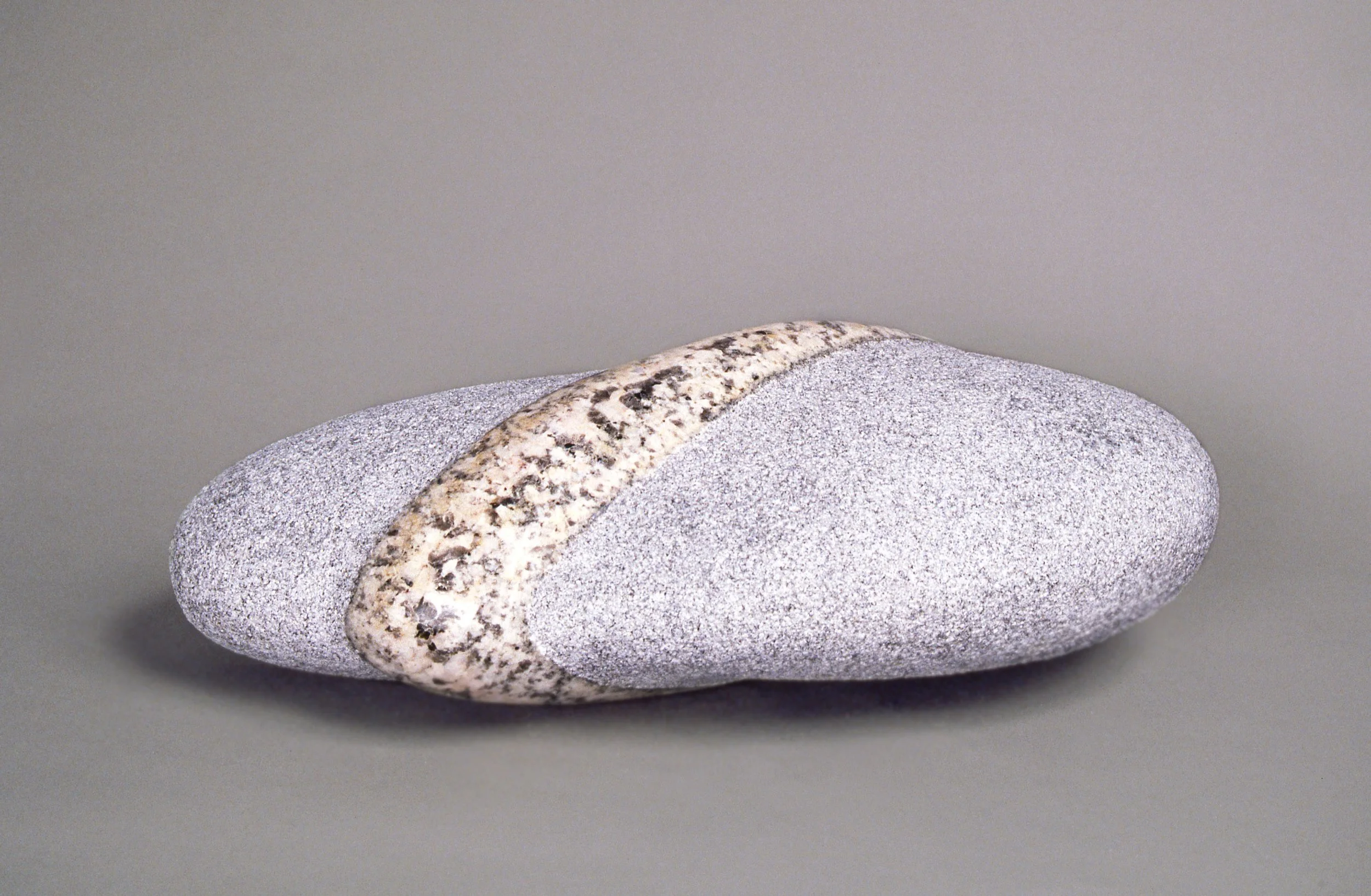 A smooth, gray stone with a white and black speckled band across its middle, set against a plain, light gray background.