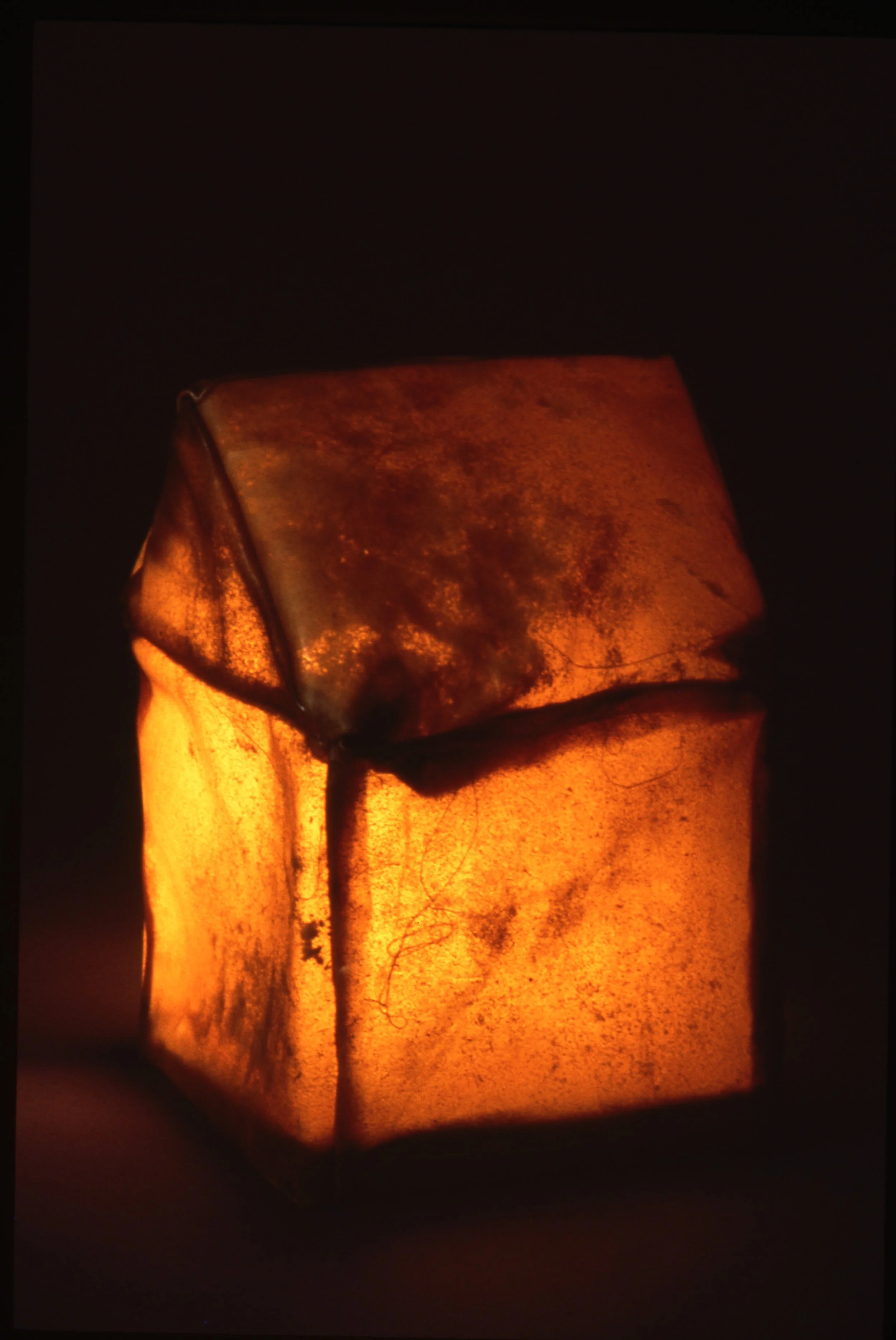 A glowing, ancient-looking rawhide lantern in warm orange and yellow tones with a dark background.